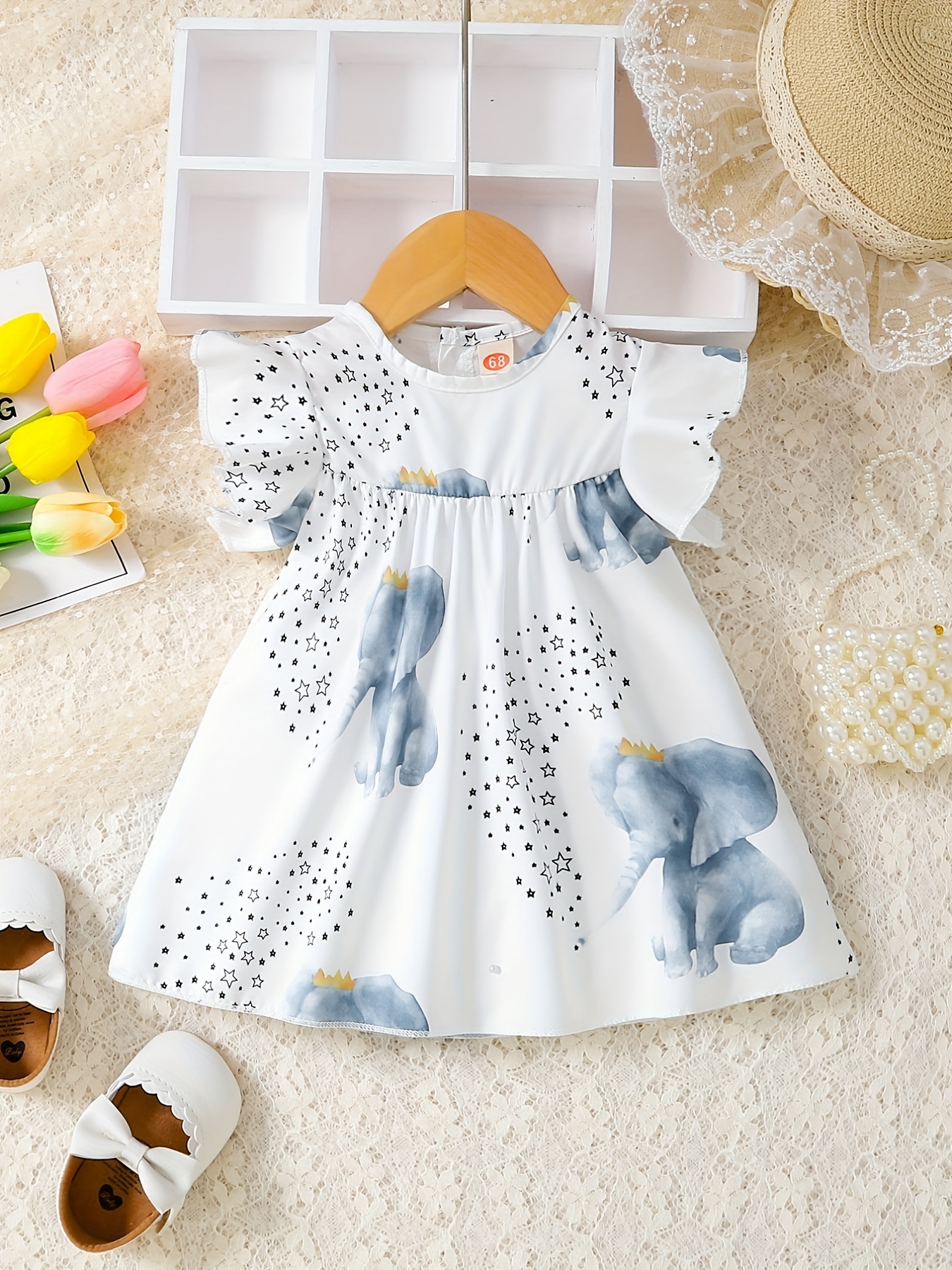 baby cute star elephant print small flutter sleeve dress comfy summer crew neck clothes details 11