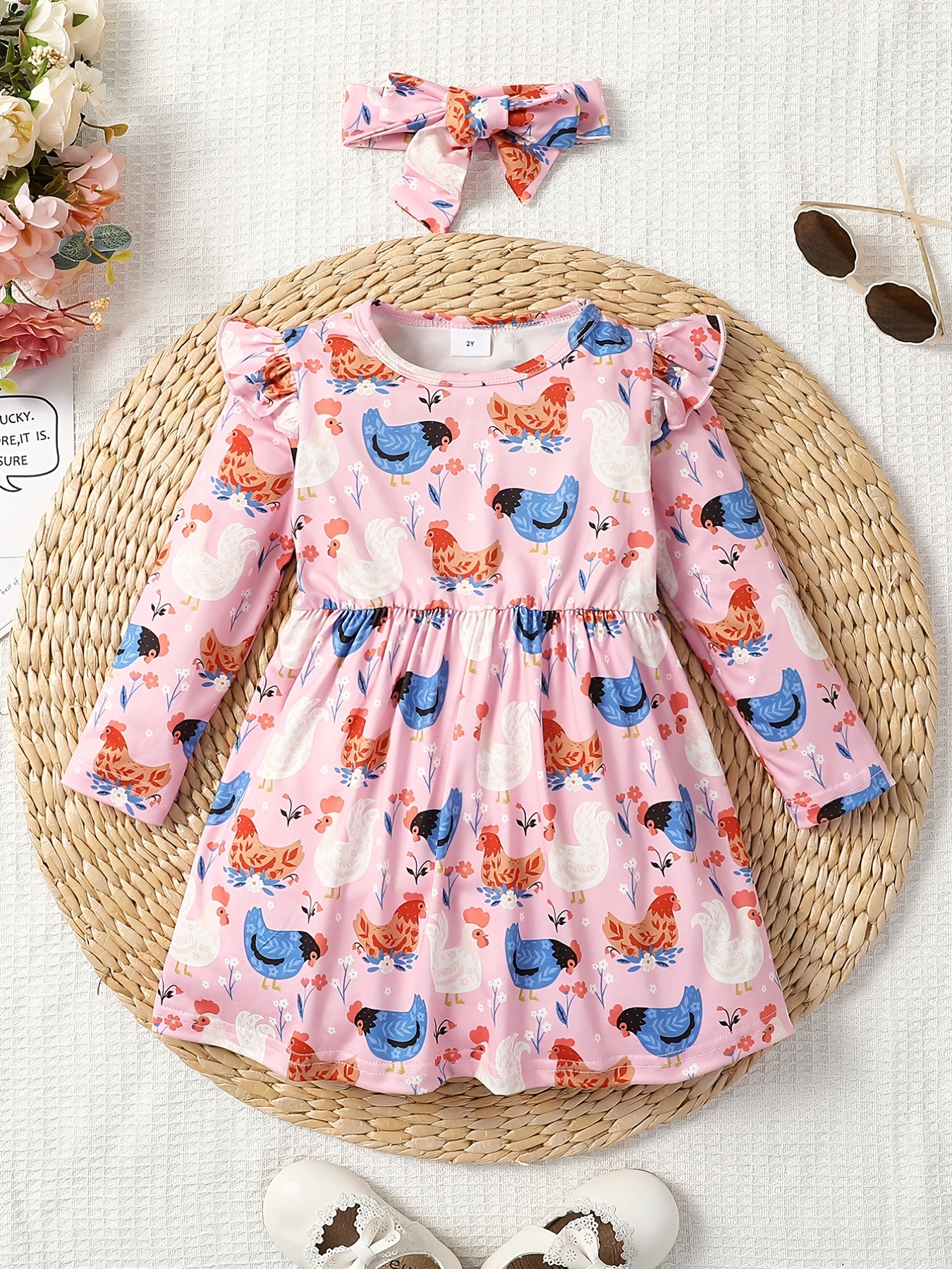 2pcs girls casual animal random full print frill trim flying sleeve round neck casual dress details 0