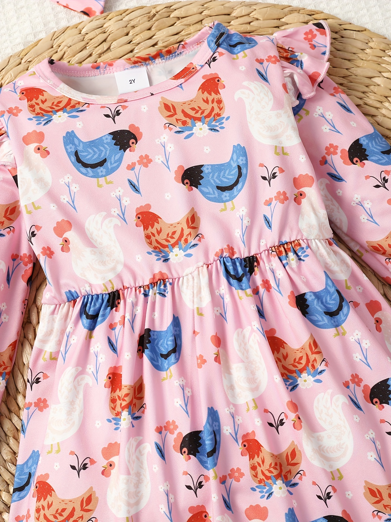 2pcs girls casual animal random full print frill trim flying sleeve round neck casual dress details 4