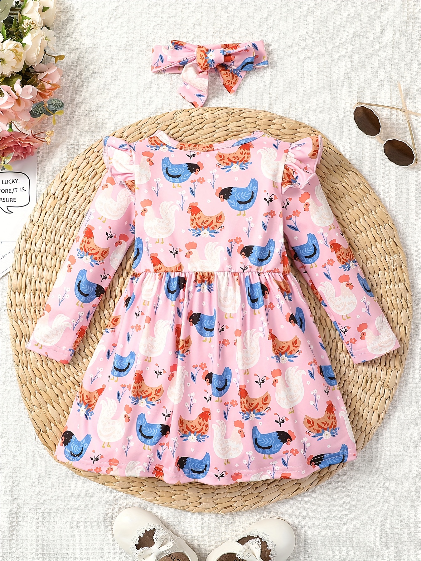 2pcs girls casual animal random full print frill trim flying sleeve round neck casual dress details 5