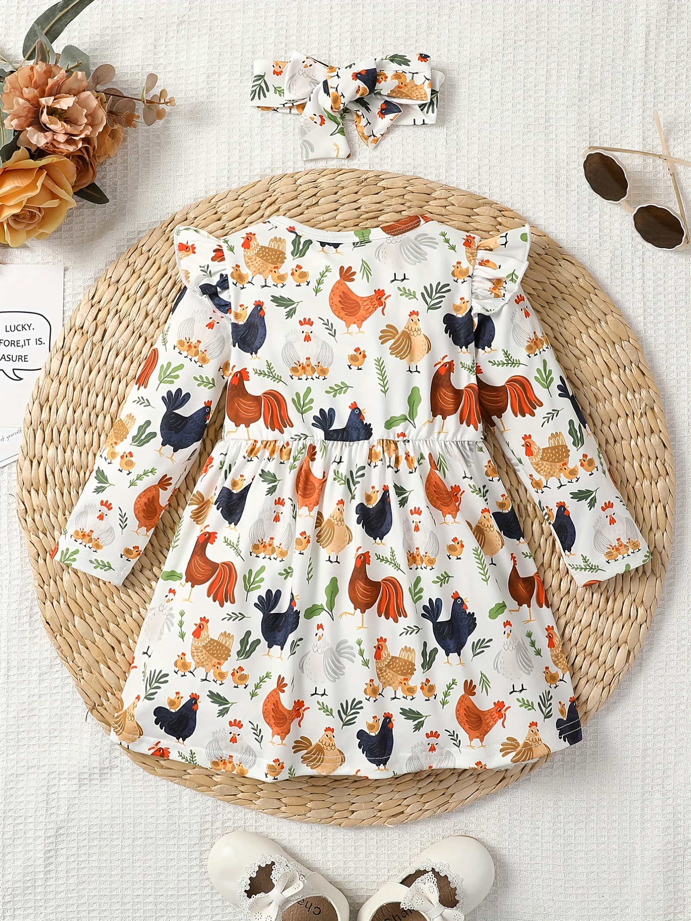 2pcs girls casual animal random full print frill trim flying sleeve round neck casual dress details 8