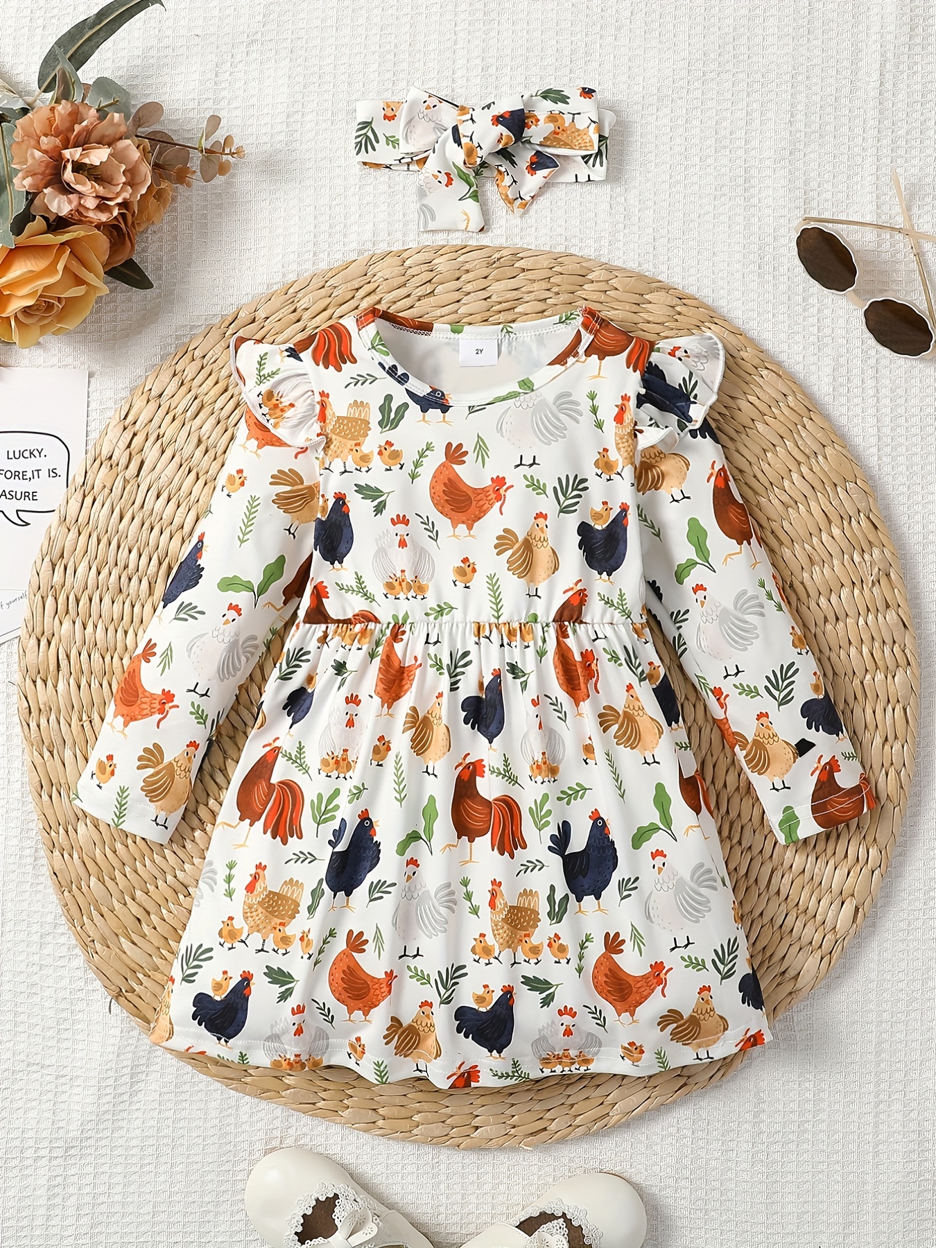 2pcs girls casual animal random full print frill trim flying sleeve round neck casual dress details 13