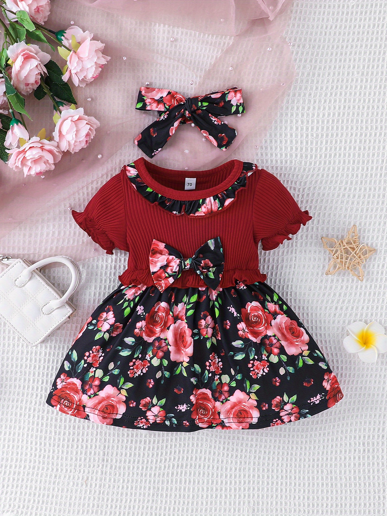 baby girls cute casual ruffled stitching flower ribbed dress bow headband set for summer holiday details 0