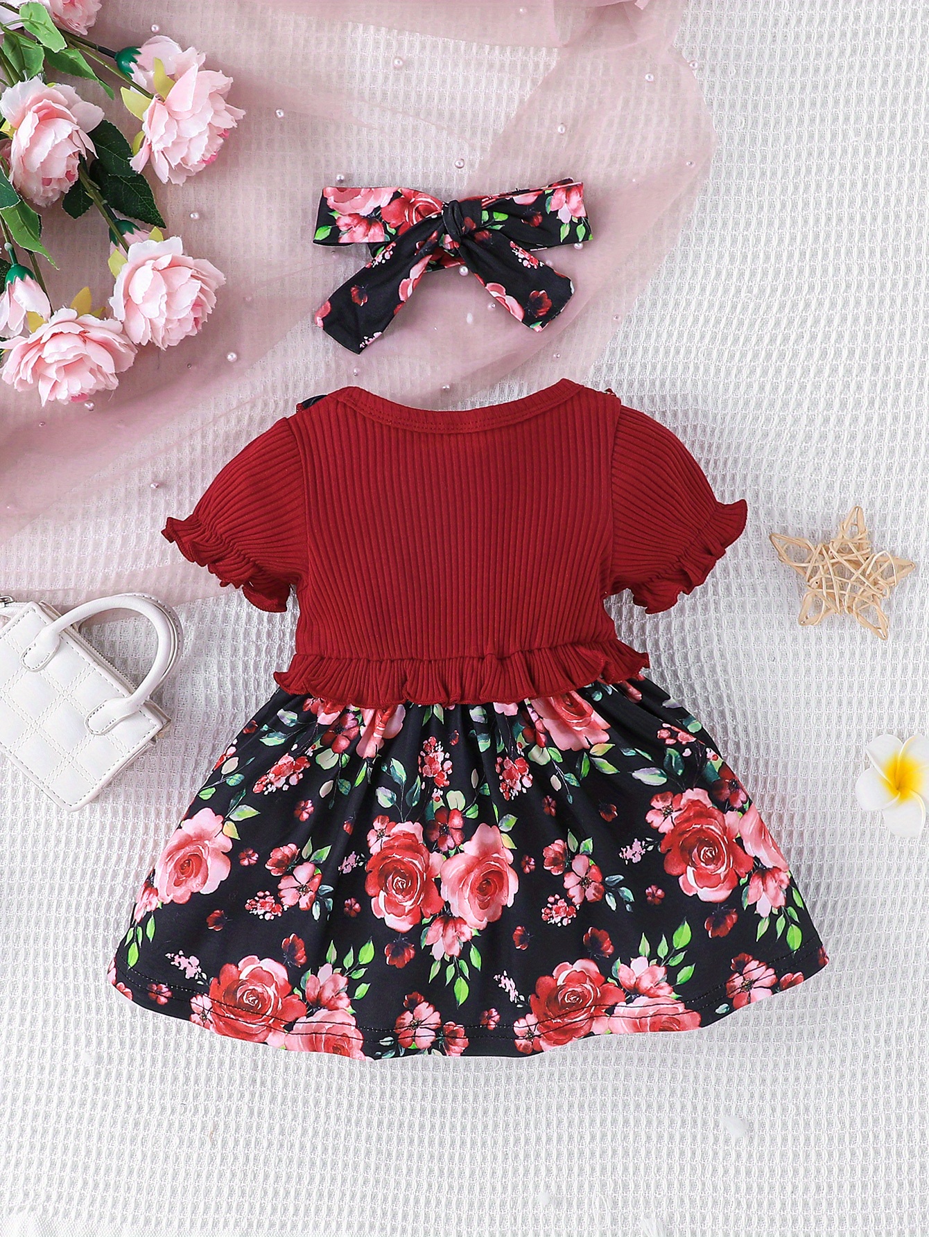 baby girls cute casual ruffled stitching flower ribbed dress bow headband set for summer holiday details 1