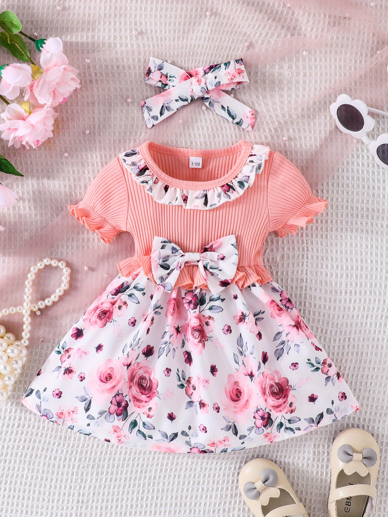 baby girls cute casual ruffled stitching flower ribbed dress bow headband set for summer holiday details 6