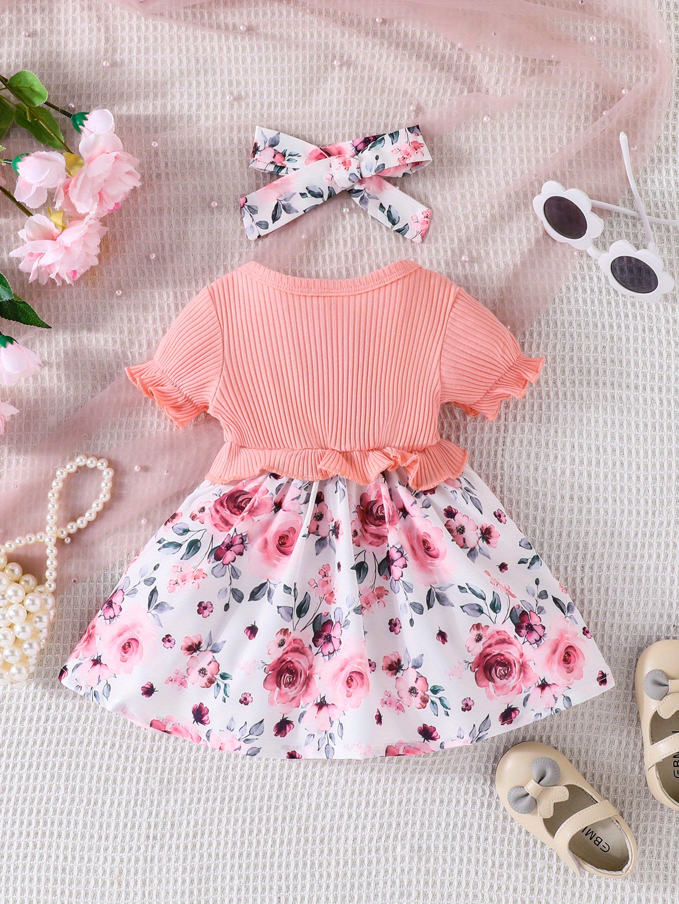 baby girls cute casual ruffled stitching flower ribbed dress bow headband set for summer holiday details 7