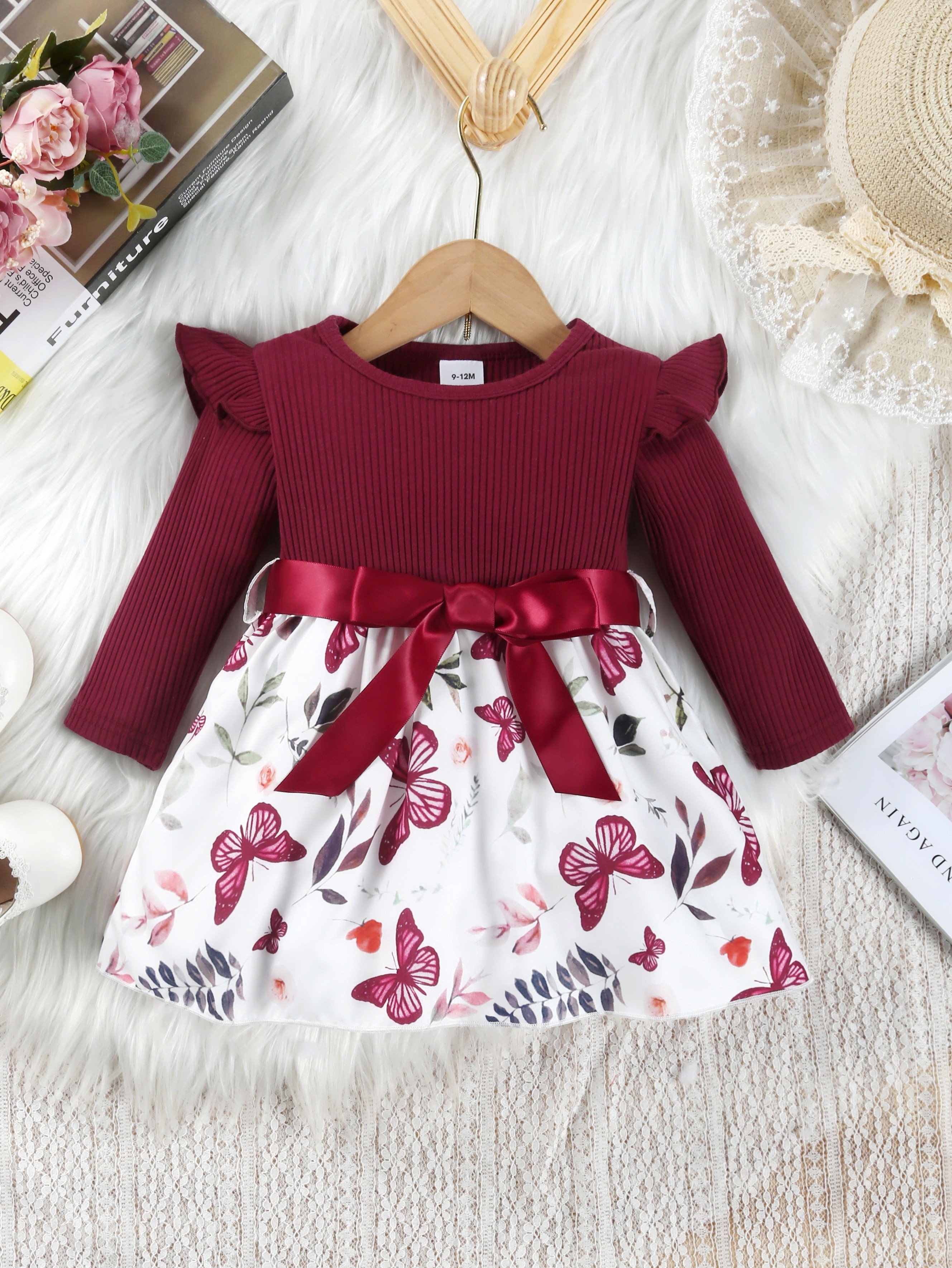 baby girls cute butterfly graphic print ruffled sleeve belted dress kids summer comfortable clothes details 0