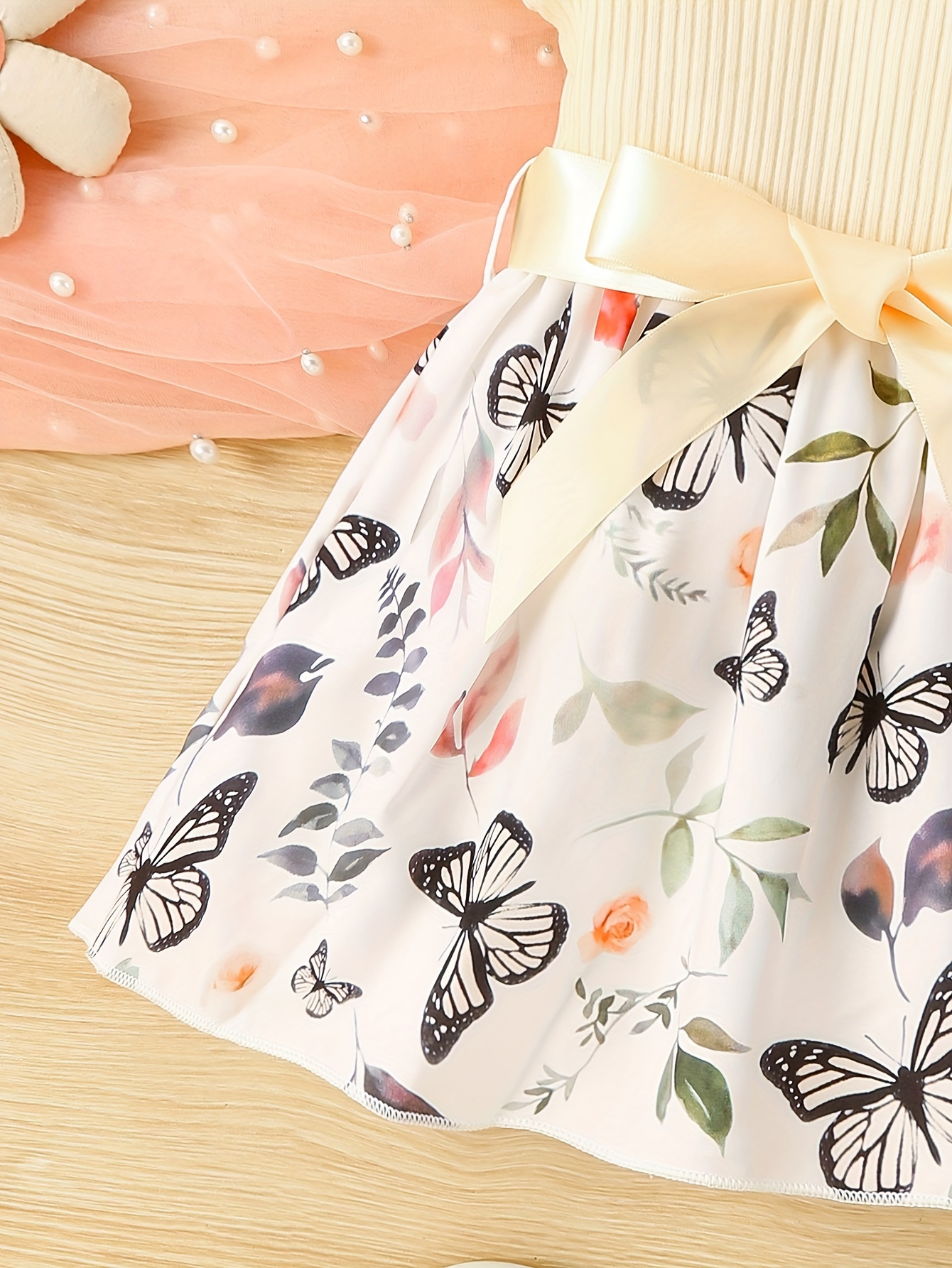 baby girls cute butterfly graphic print ruffled sleeve belted dress kids summer comfortable clothes details 8