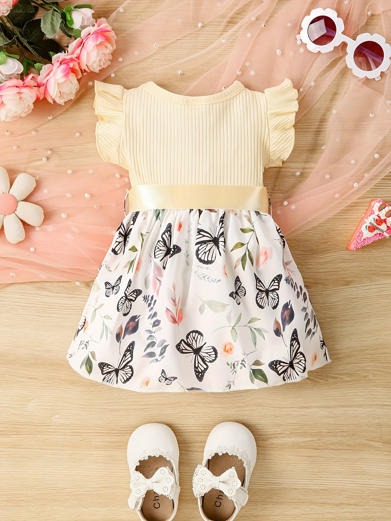 baby girls cute butterfly graphic print ruffled sleeve belted dress kids summer comfortable clothes details 9