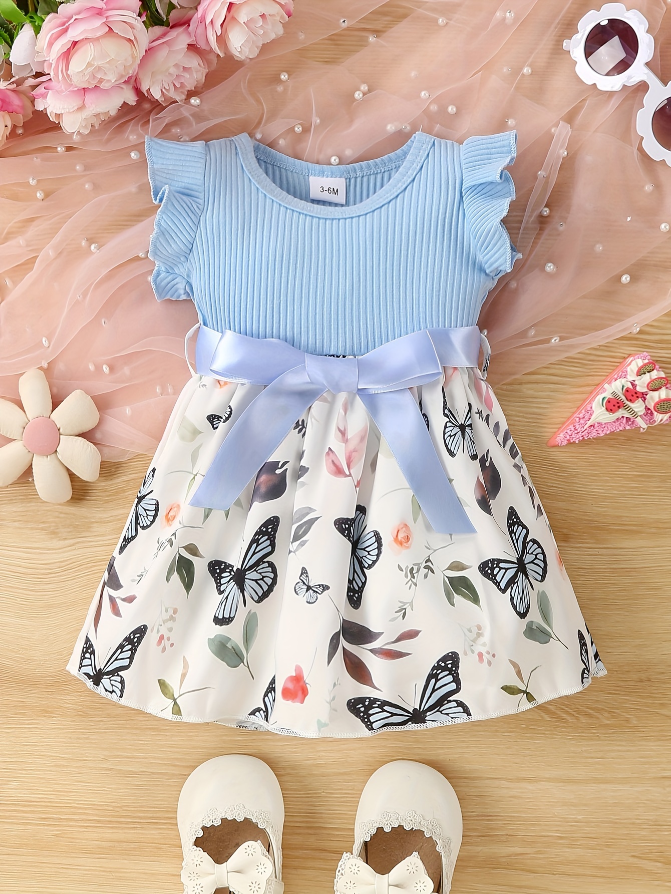 baby girls cute butterfly graphic print ruffled sleeve belted dress kids summer comfortable clothes details 12