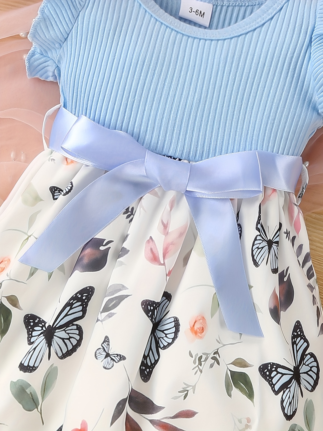 baby girls cute butterfly graphic print ruffled sleeve belted dress kids summer comfortable clothes details 13