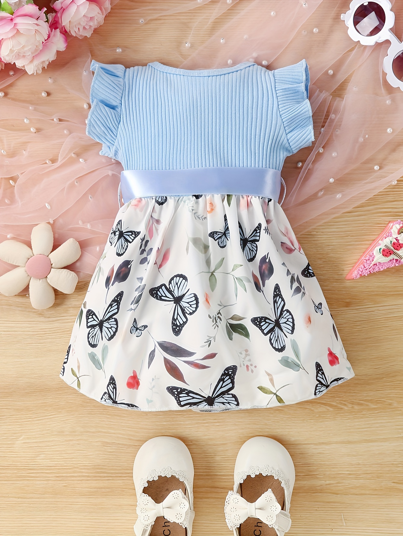 baby girls cute butterfly graphic print ruffled sleeve belted dress kids summer comfortable clothes details 15