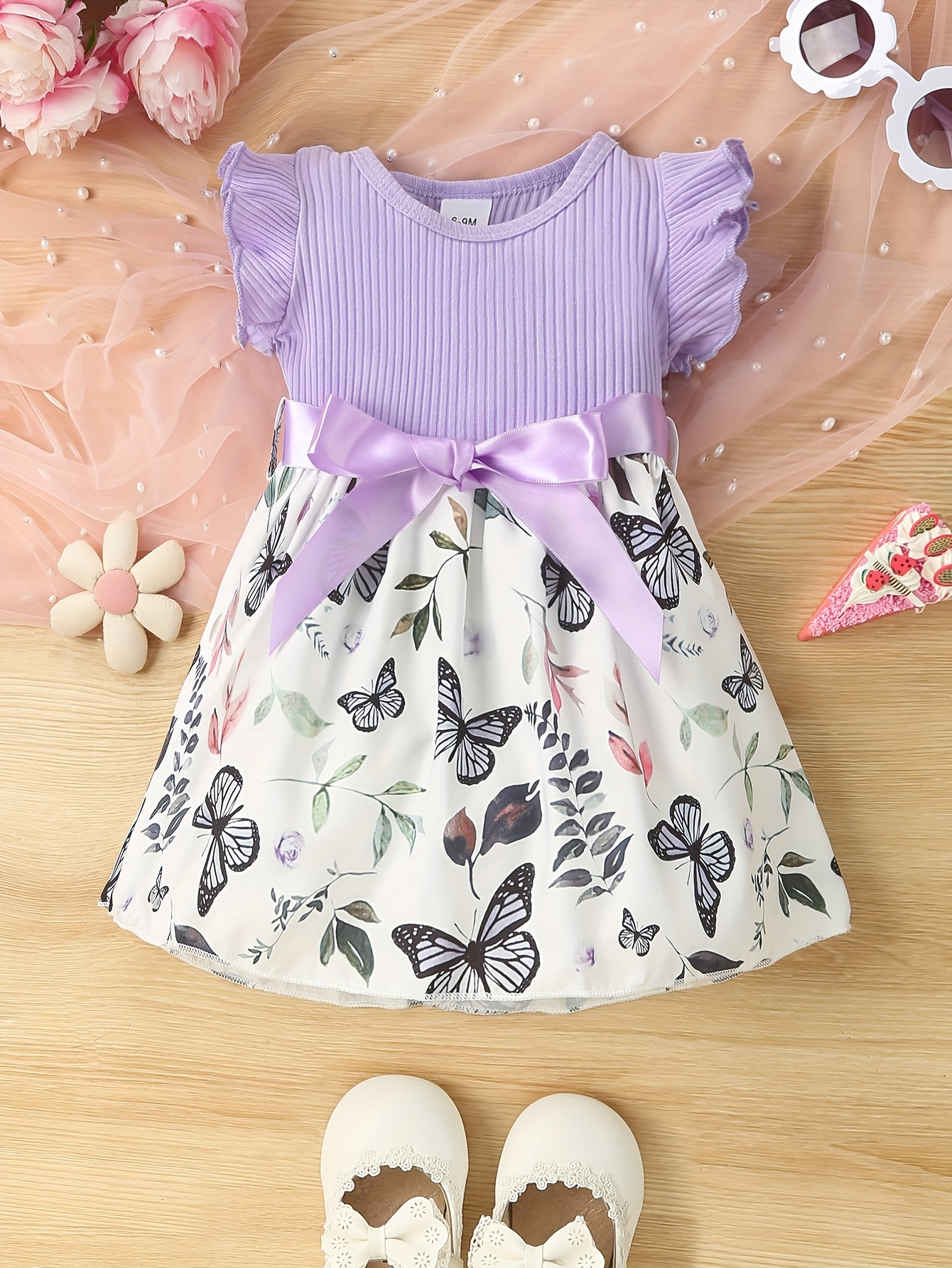 baby girls cute butterfly graphic print ruffled sleeve belted dress kids summer comfortable clothes details 18