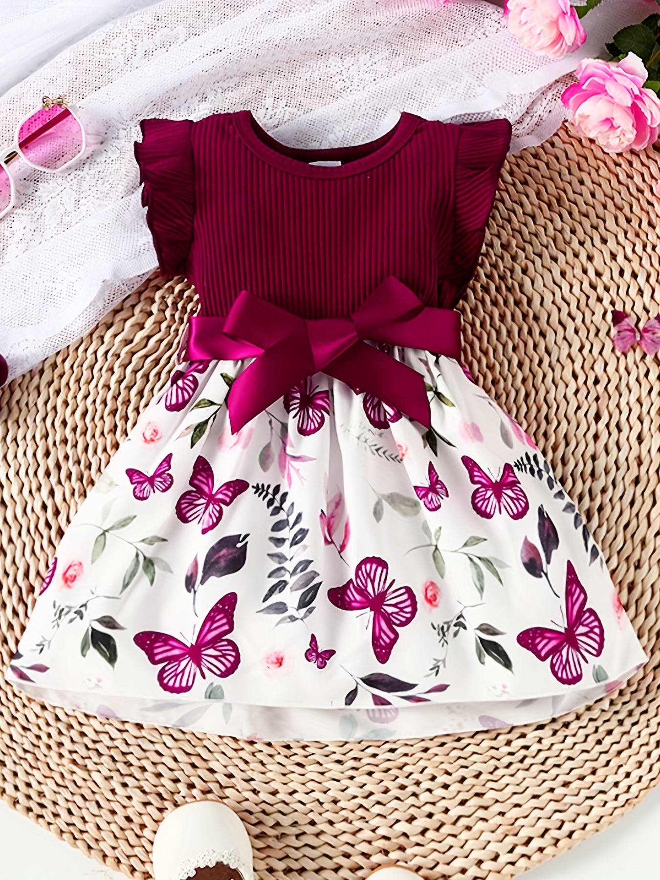 baby girls cute butterfly graphic print ruffled sleeve belted dress kids summer comfortable clothes details 24