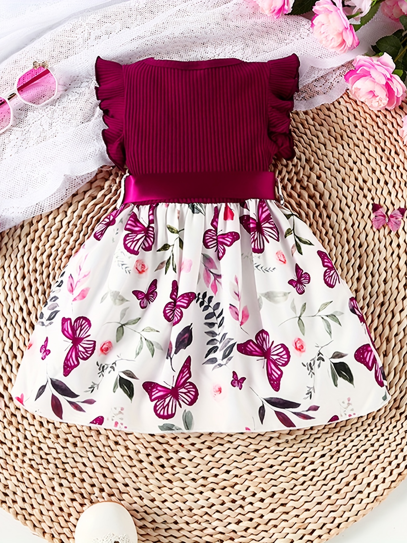 baby girls cute butterfly graphic print ruffled sleeve belted dress kids summer comfortable clothes details 25