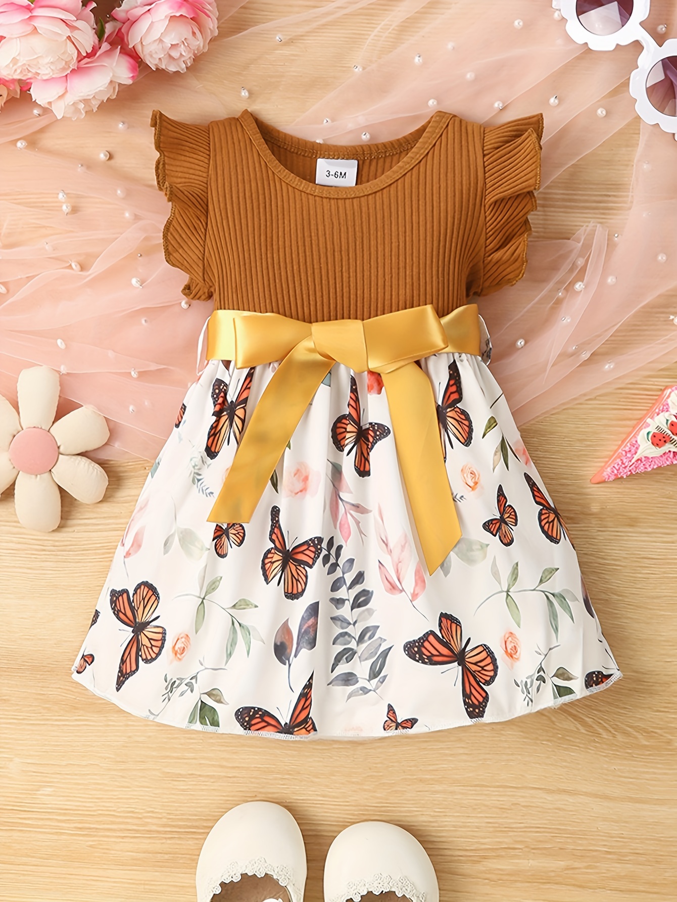 baby girls cute butterfly graphic print ruffled sleeve belted dress kids summer comfortable clothes details 29