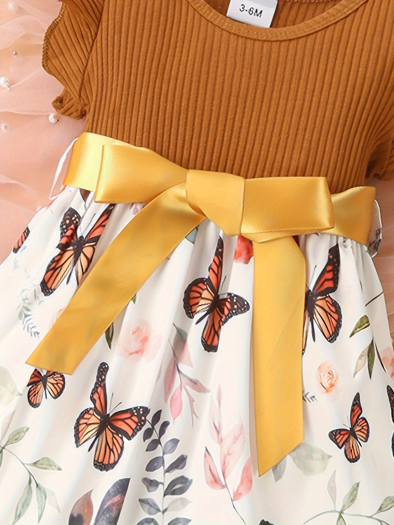 baby girls cute butterfly graphic print ruffled sleeve belted dress kids summer comfortable clothes details 30