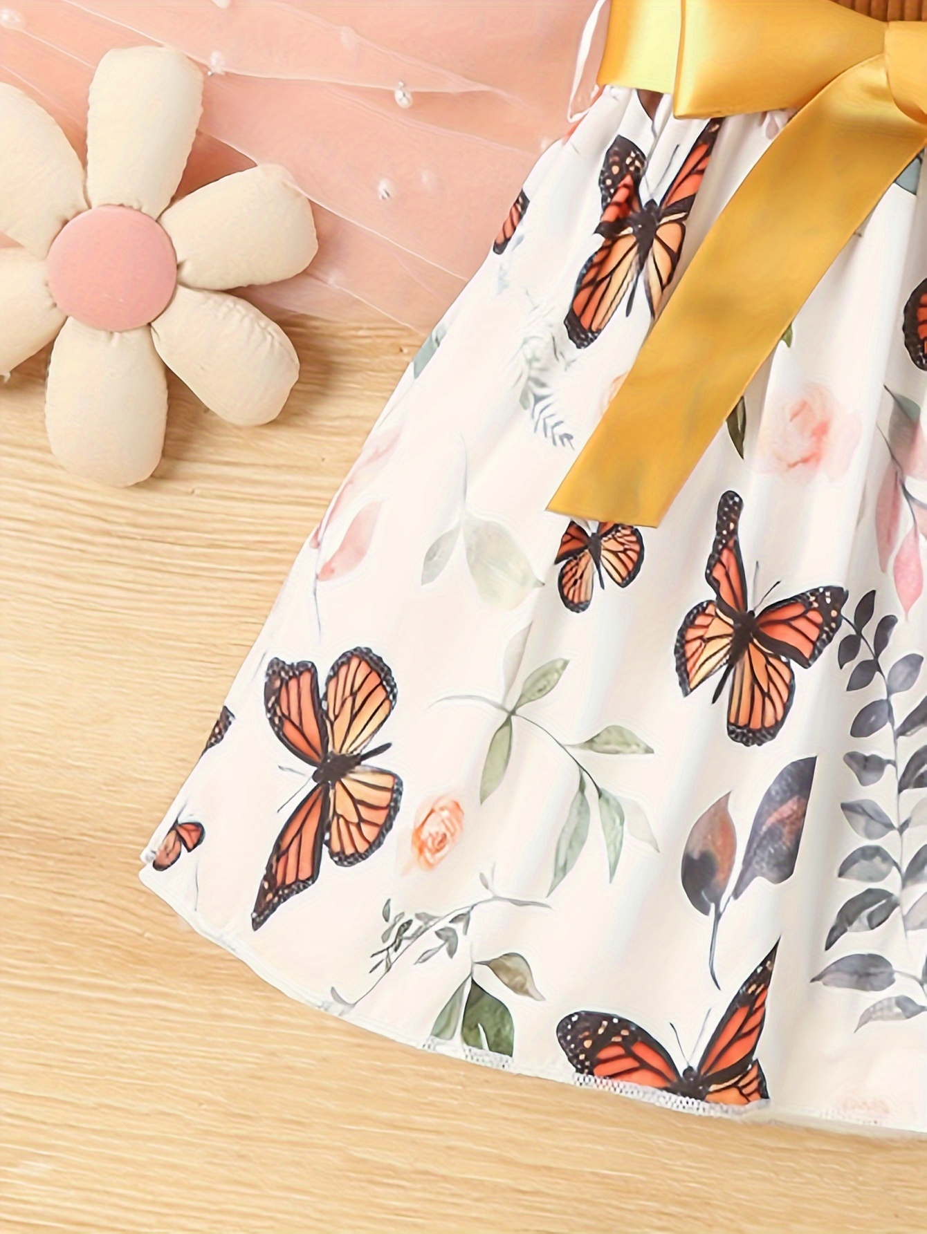 baby girls cute butterfly graphic print ruffled sleeve belted dress kids summer comfortable clothes details 31