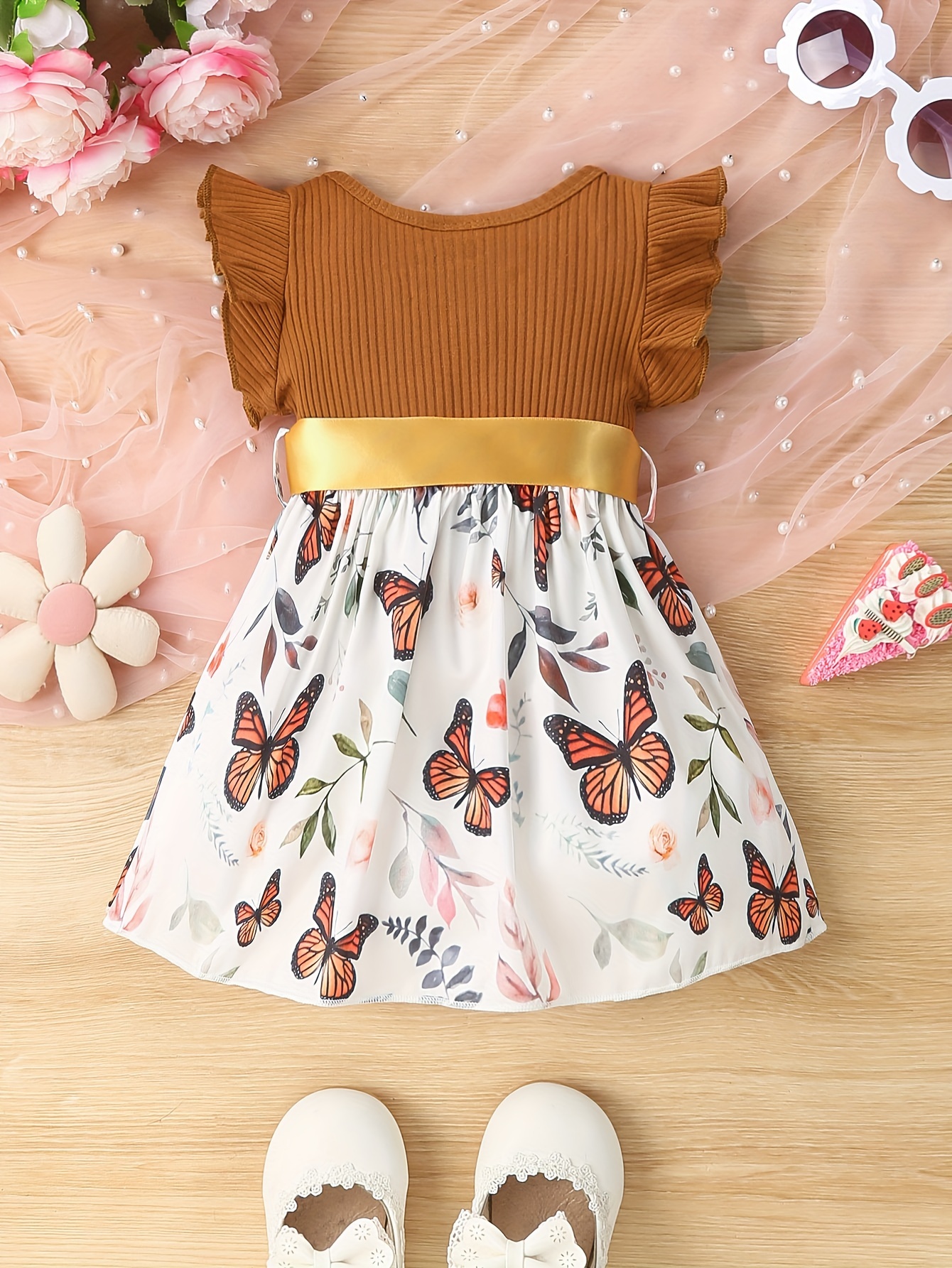 baby girls cute butterfly graphic print ruffled sleeve belted dress kids summer comfortable clothes details 32