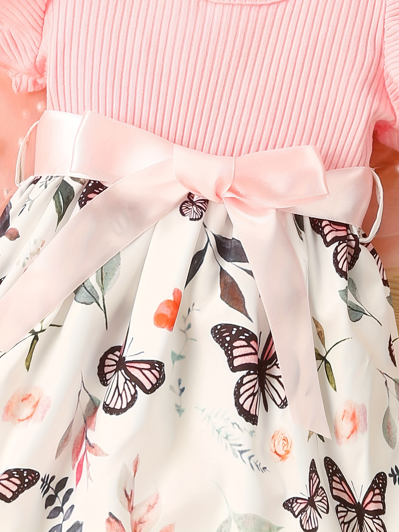 baby girls cute butterfly graphic print ruffled sleeve belted dress kids summer comfortable clothes details 36