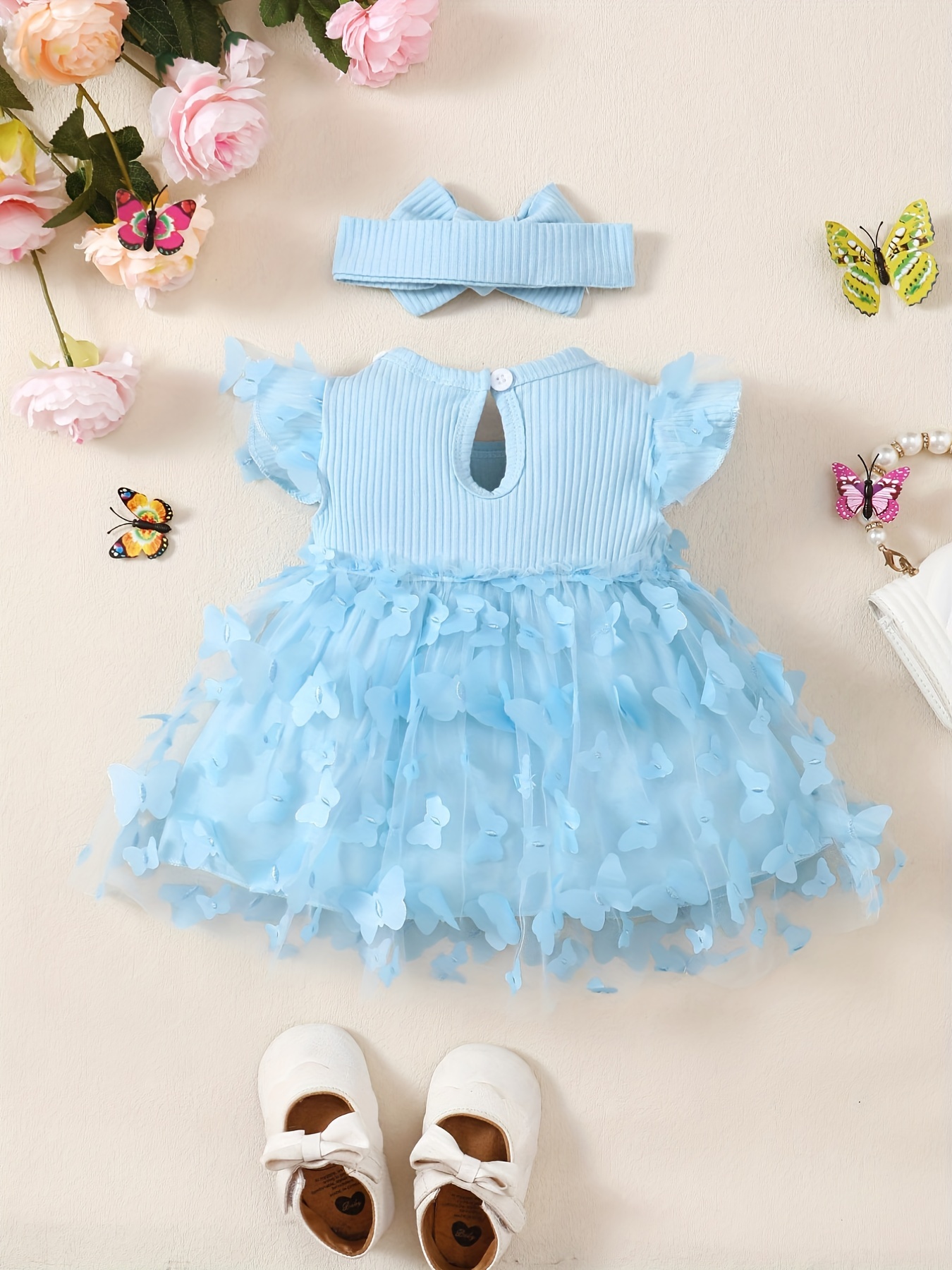 2pcs baby girls cute butterfly decor flutter sleeve lace trim princess dress headband set childs clothes details 10