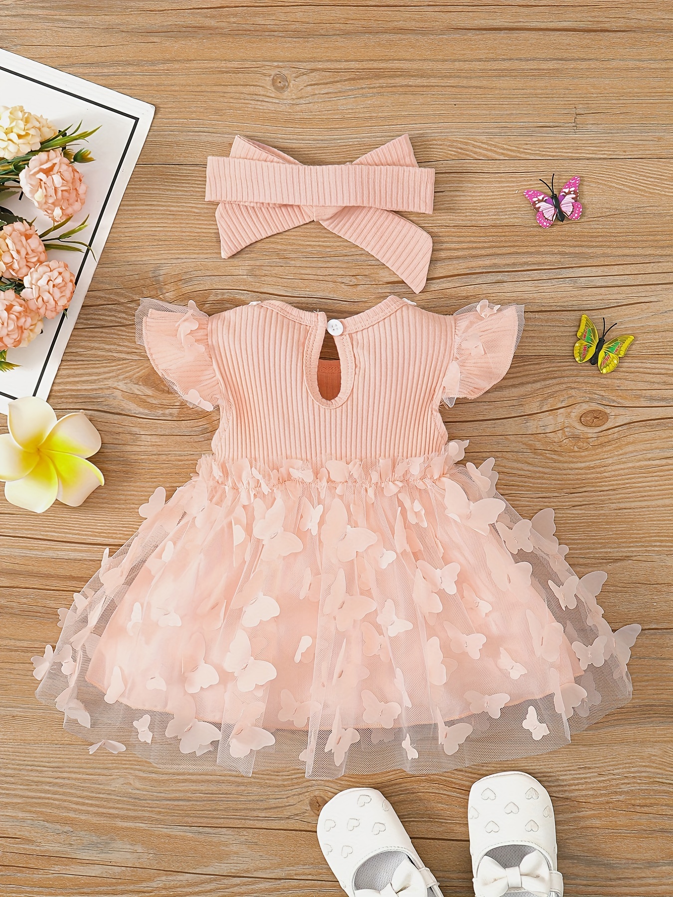 2pcs baby girls cute butterfly decor flutter sleeve lace trim princess dress headband set childs clothes details 13