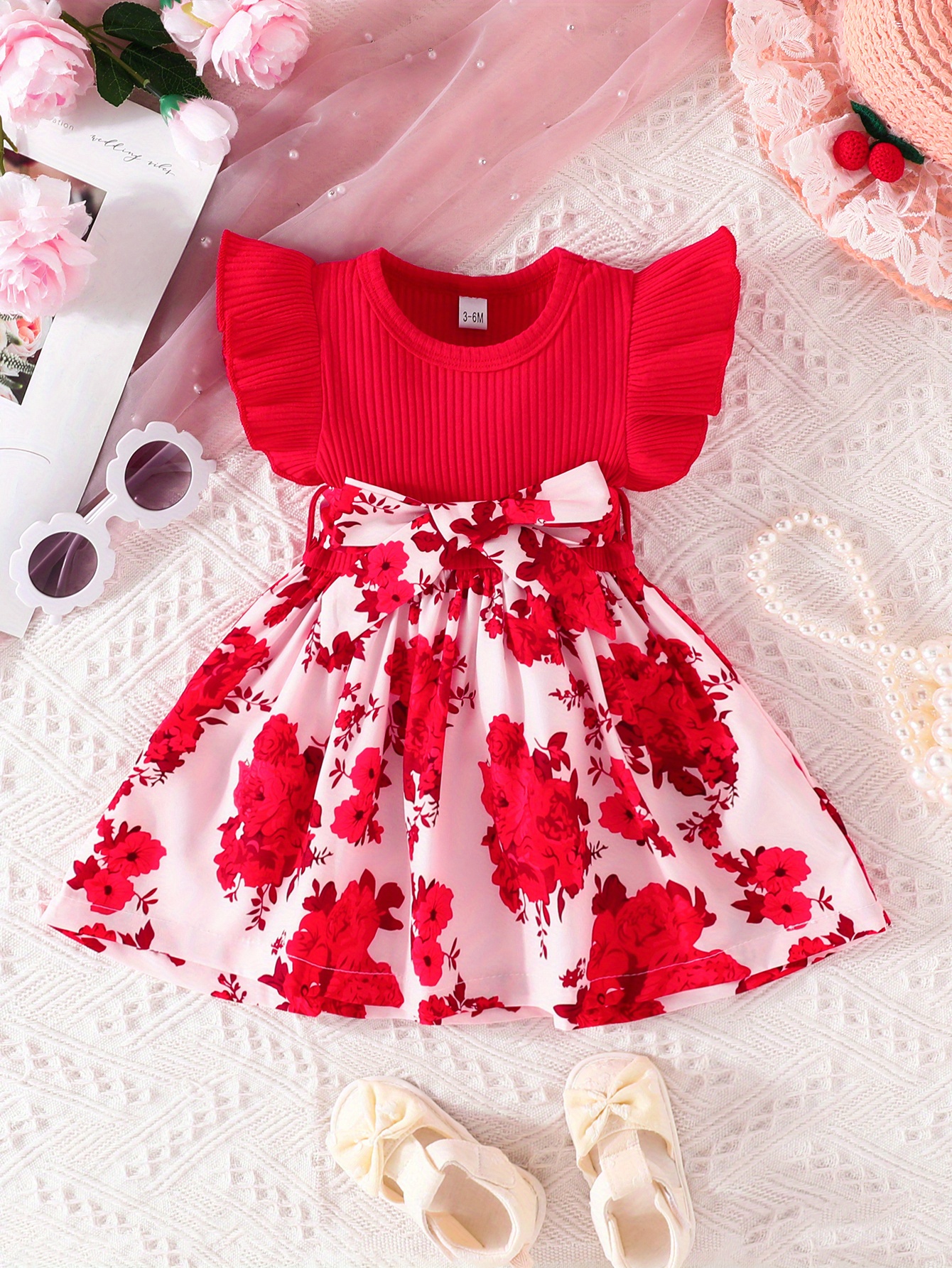 casual floral print puff sleeve shirred high waist flared midi dress with belt for toddler baby girls details 0