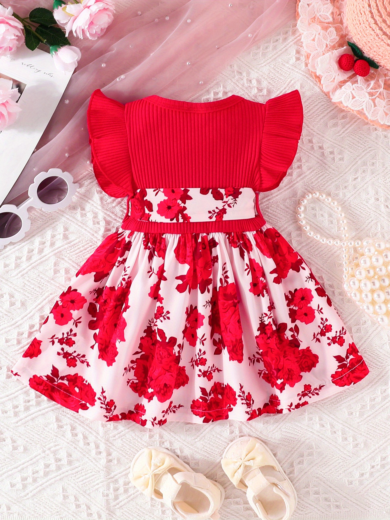 casual floral print puff sleeve shirred high waist flared midi dress with belt for toddler baby girls details 1