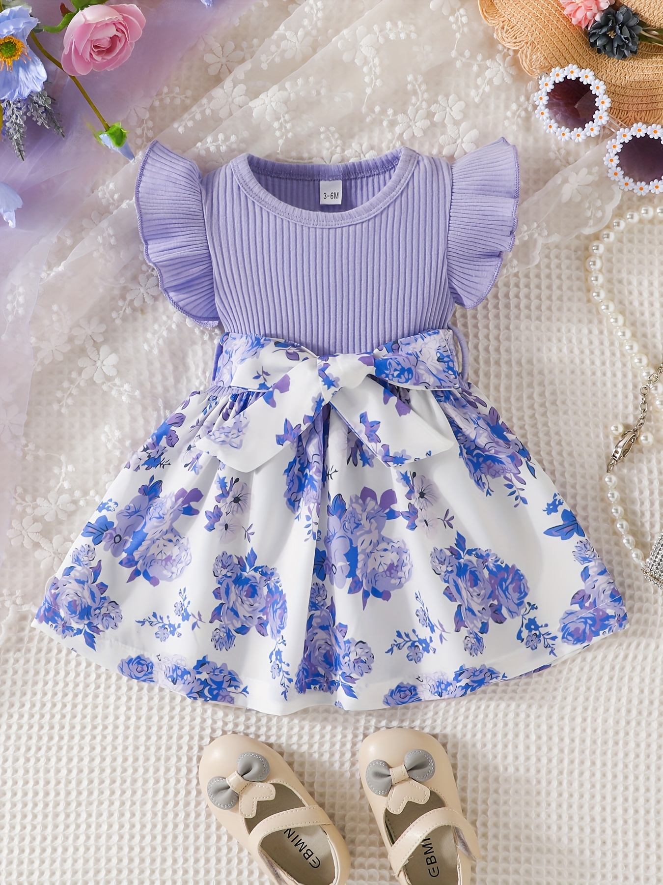 casual floral print puff sleeve shirred high waist flared midi dress with belt for toddler baby girls details 5