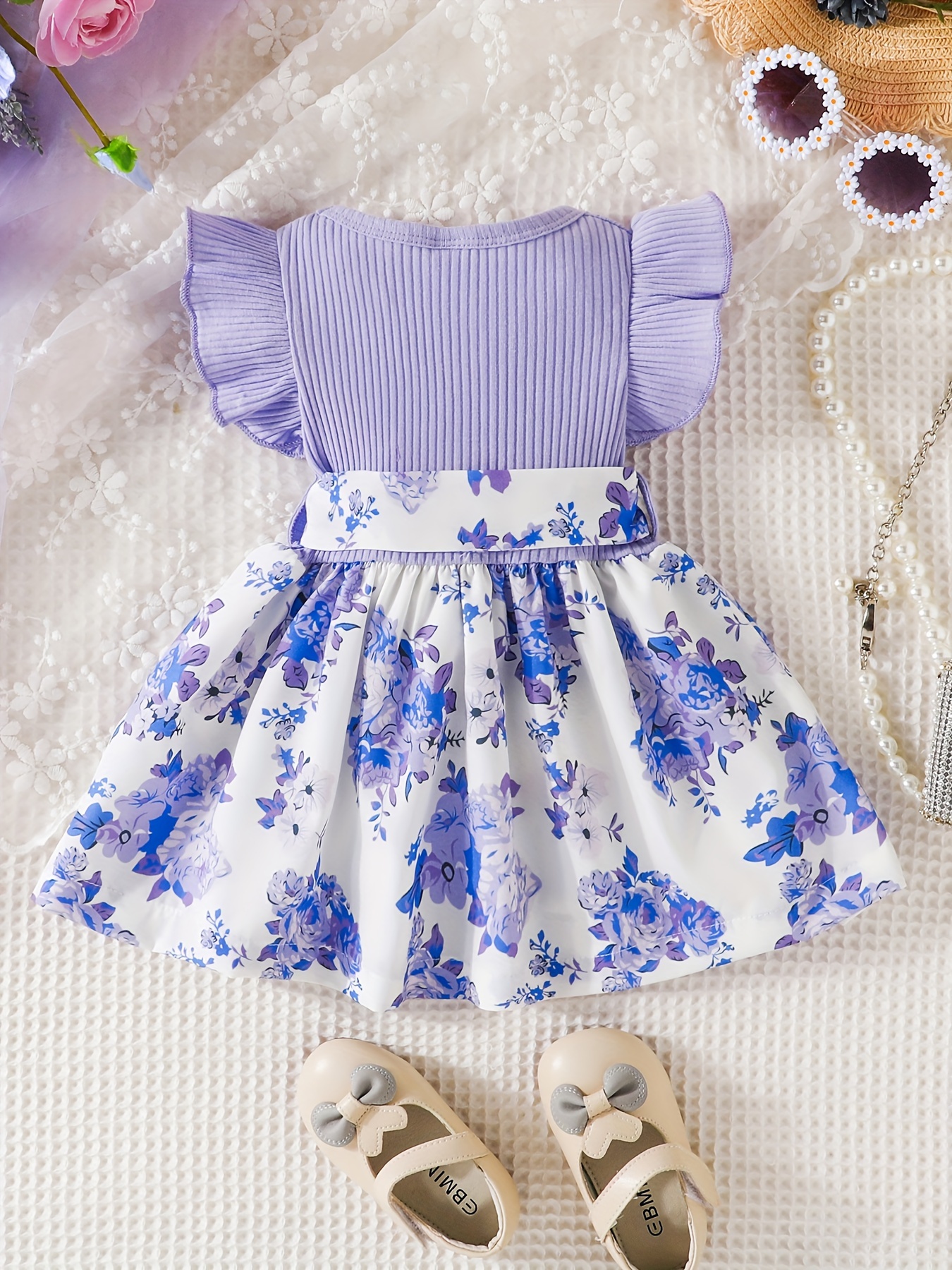 casual floral print puff sleeve shirred high waist flared midi dress with belt for toddler baby girls details 6