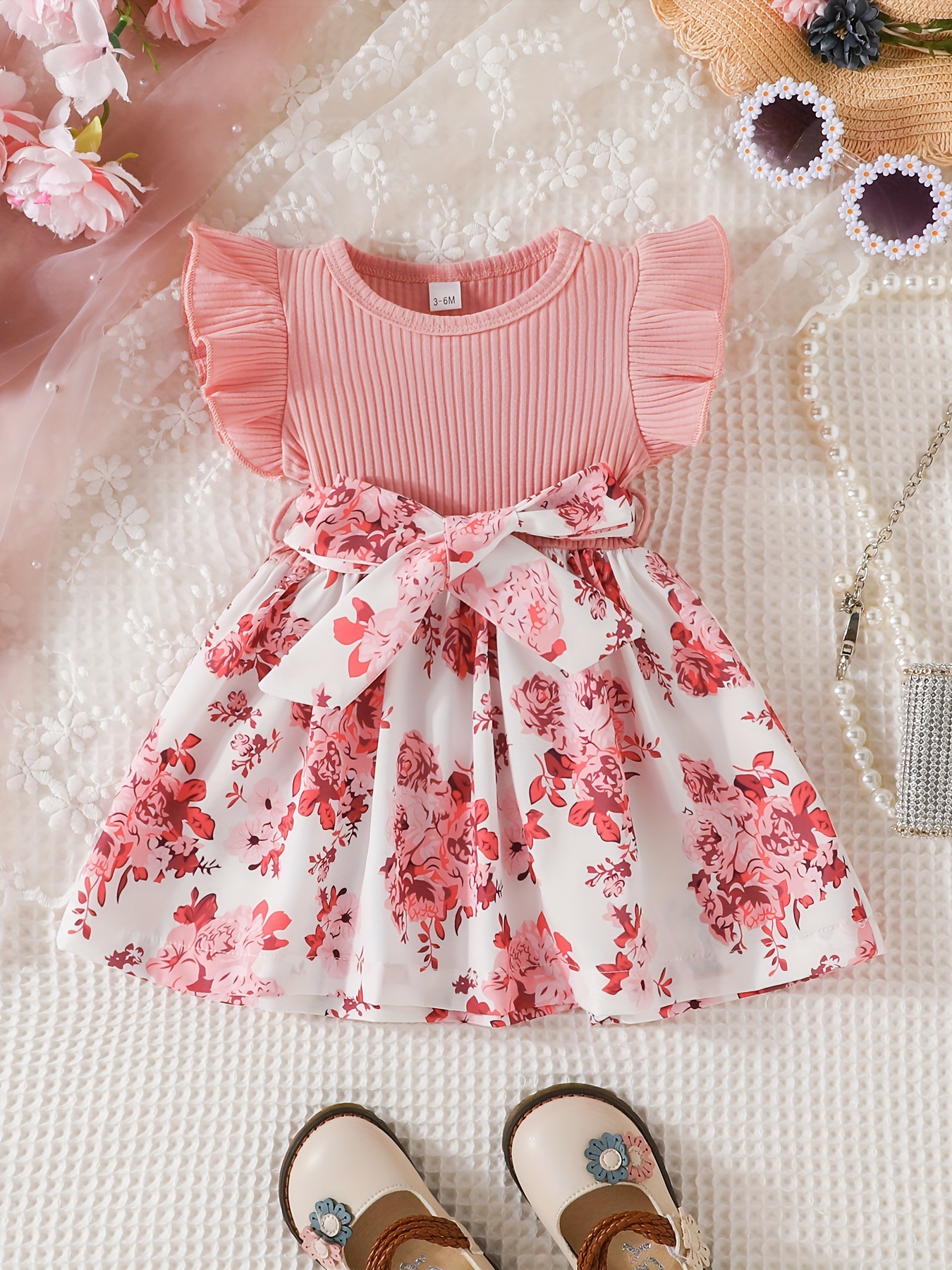 casual floral print puff sleeve shirred high waist flared midi dress with belt for toddler baby girls details 7