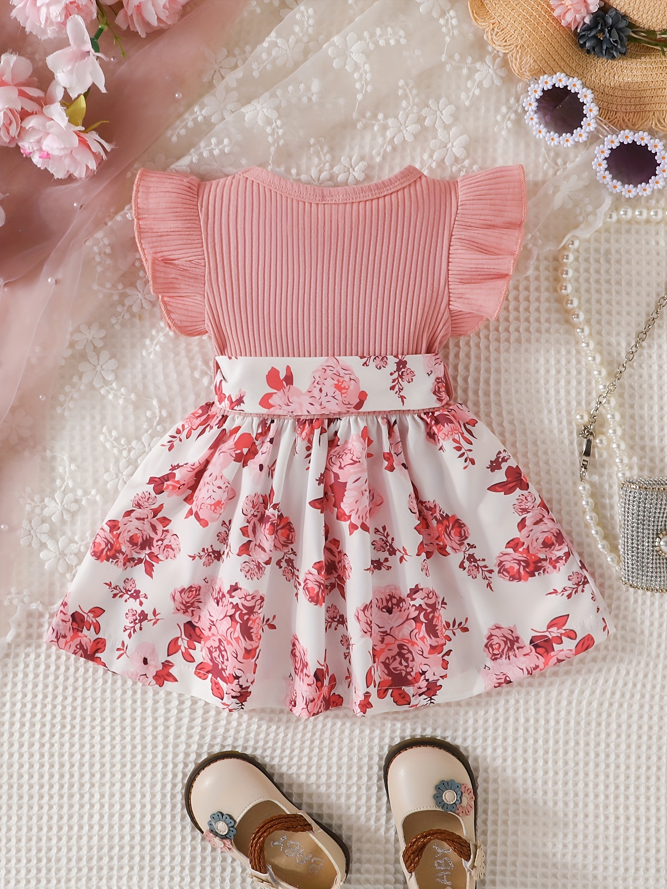 casual floral print puff sleeve shirred high waist flared midi dress with belt for toddler baby girls details 8