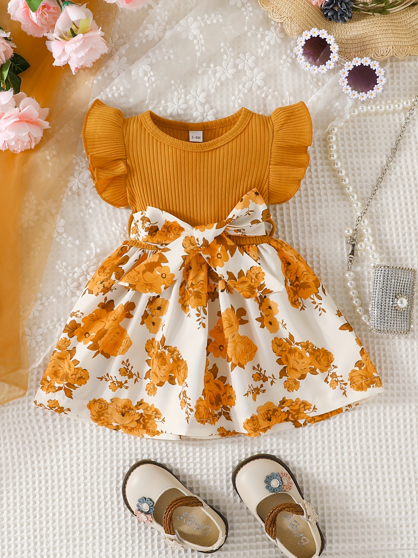 casual floral print puff sleeve shirred high waist flared midi dress with belt for toddler baby girls details 9