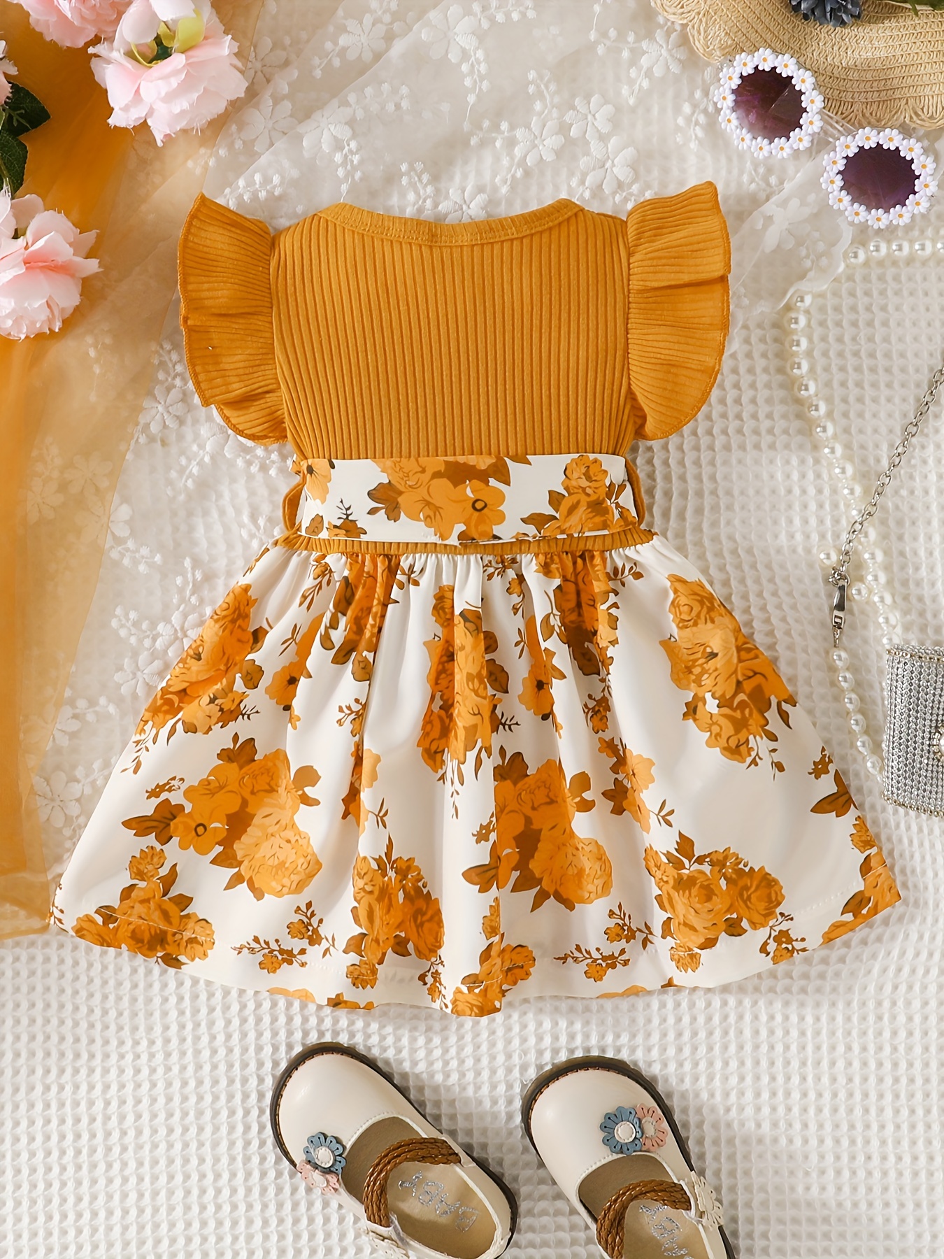 casual floral print puff sleeve shirred high waist flared midi dress with belt for toddler baby girls details 10