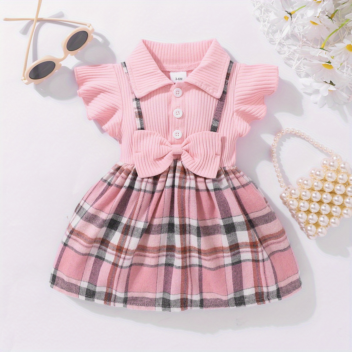 girls casual plaid bowknot flutter sleeve lapel collar dress trendy stitching dress toddlers children cotton summer clothes details 0