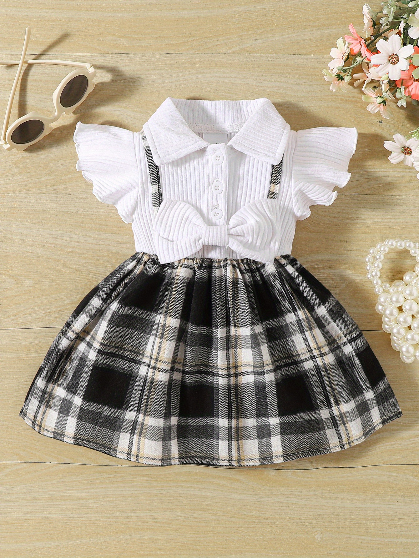 girls casual plaid bowknot flutter sleeve lapel collar dress trendy stitching dress toddlers children cotton summer clothes details 1