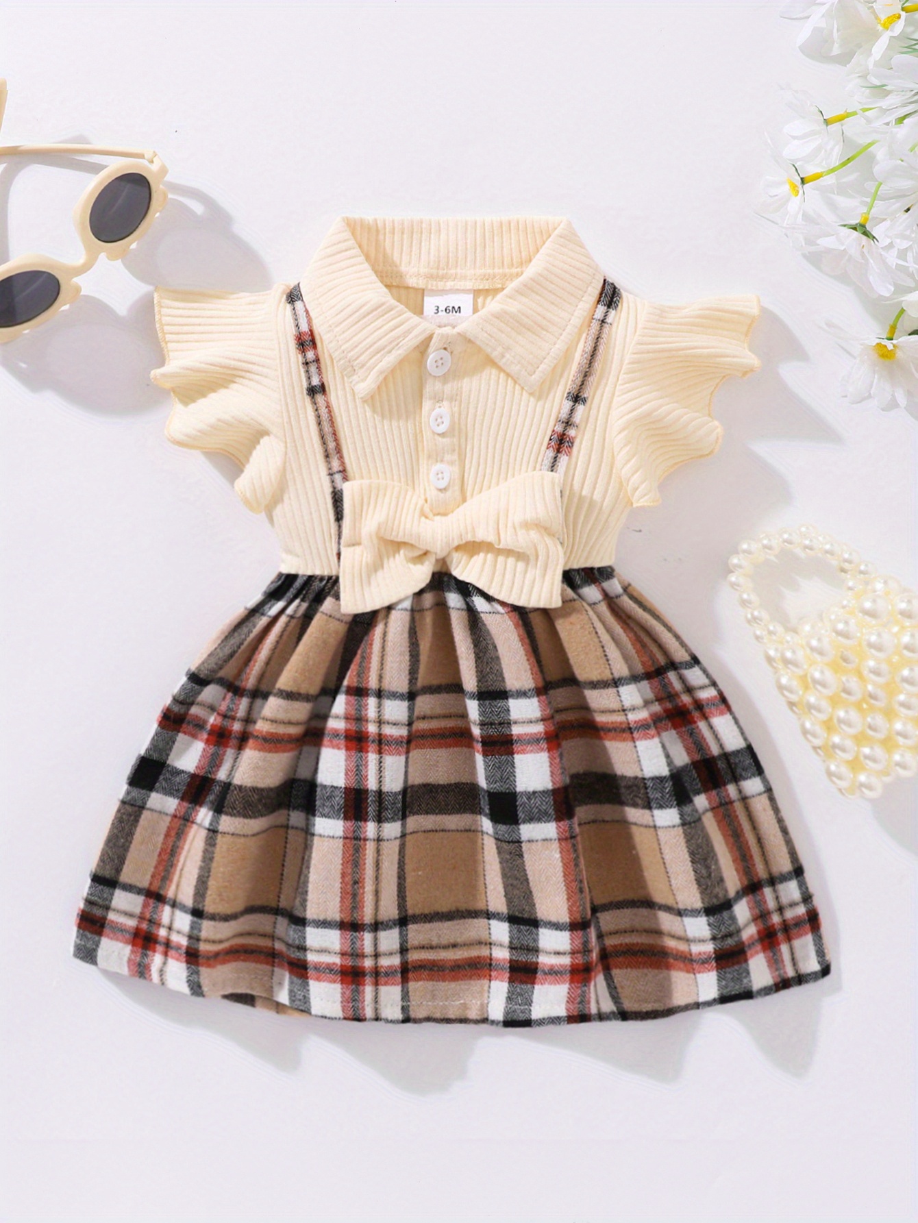 girls casual plaid bowknot flutter sleeve lapel collar dress trendy stitching dress toddlers children cotton summer clothes details 2