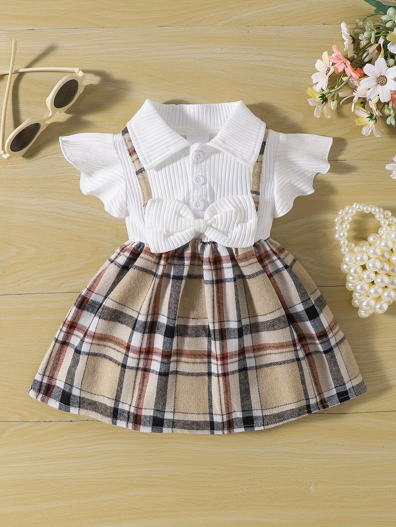 girls casual plaid bowknot flutter sleeve lapel collar dress trendy stitching dress toddlers children cotton summer clothes details 3