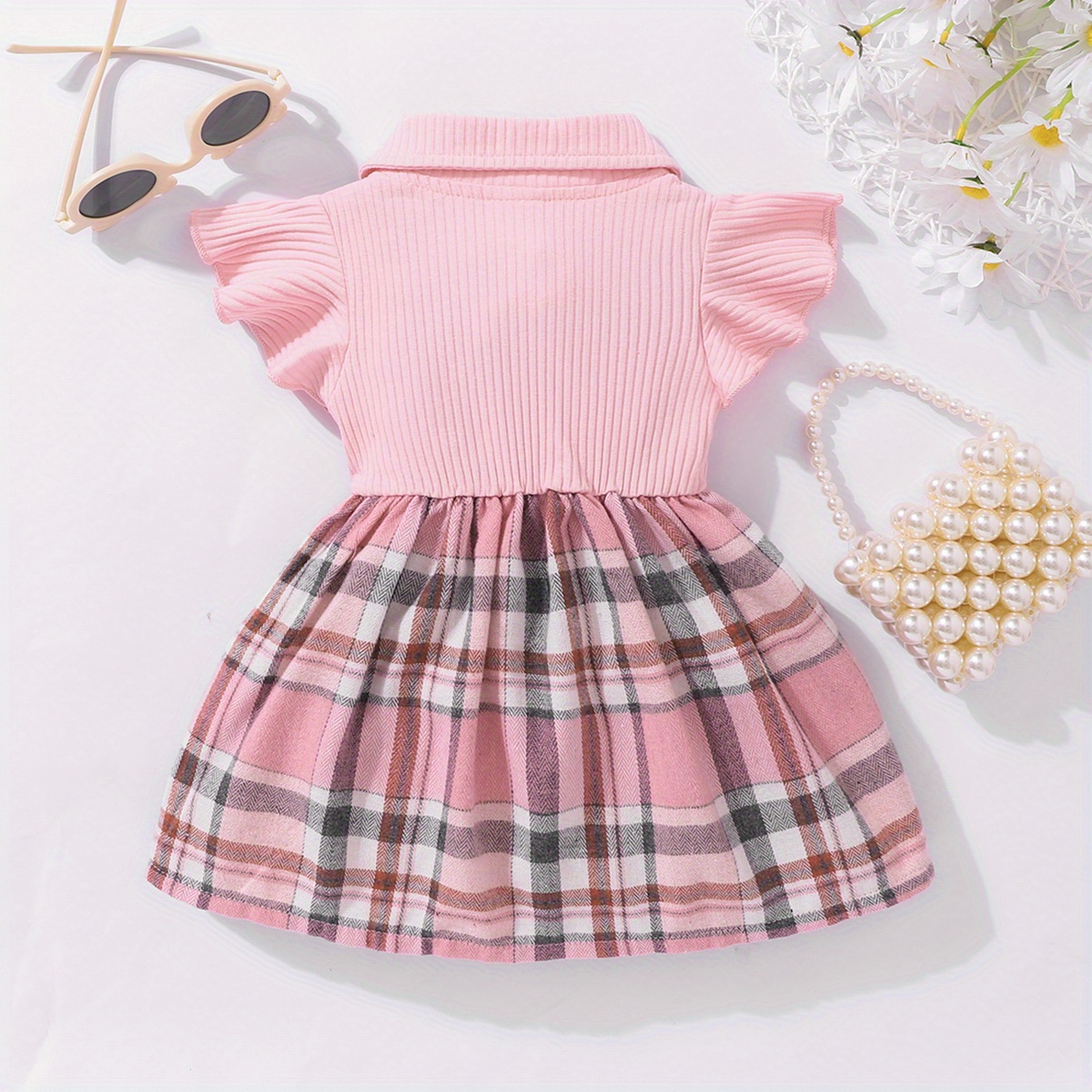 girls casual plaid bowknot flutter sleeve lapel collar dress trendy stitching dress toddlers children cotton summer clothes details 4