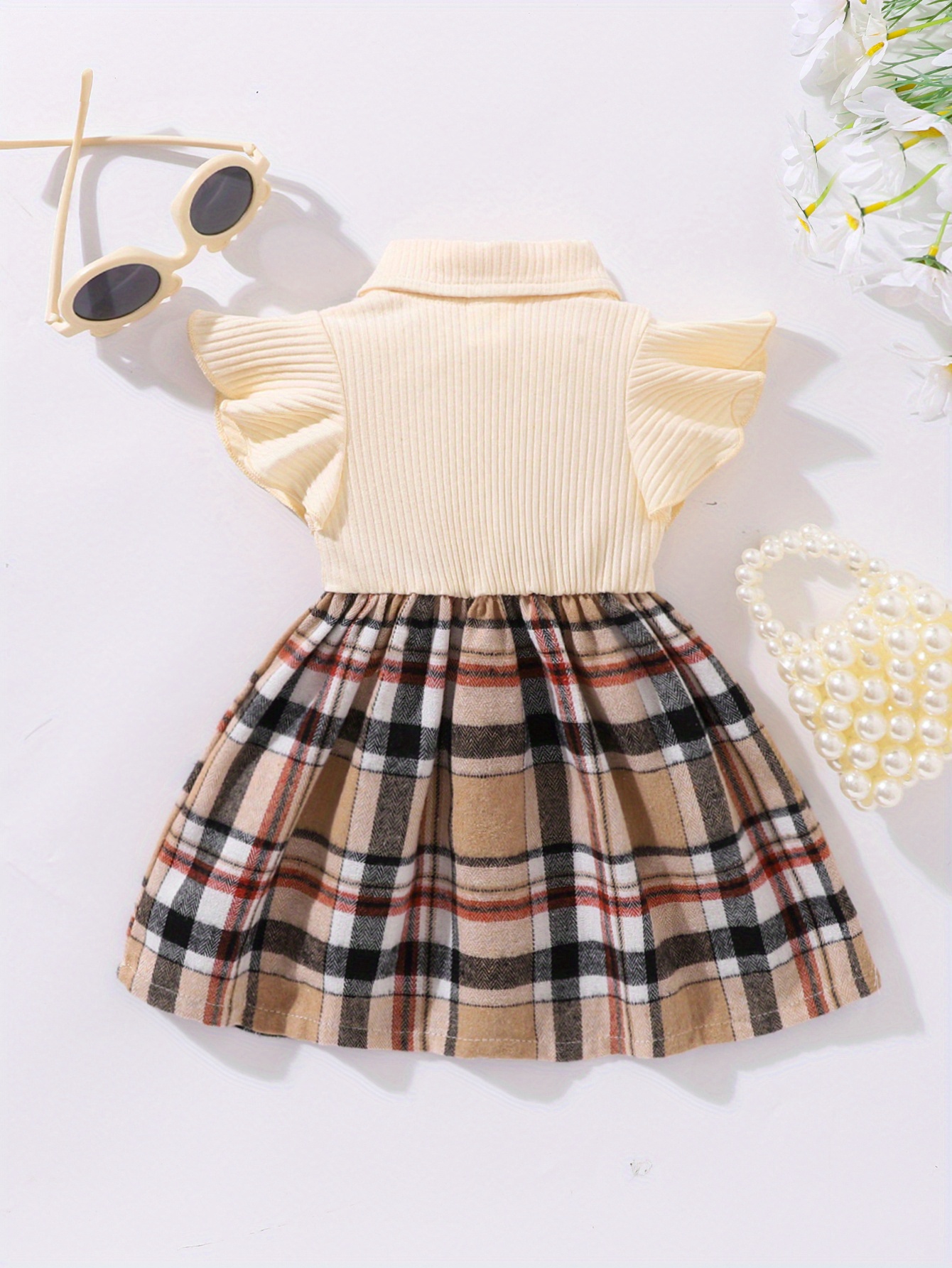 girls casual plaid bowknot flutter sleeve lapel collar dress trendy stitching dress toddlers children cotton summer clothes details 5