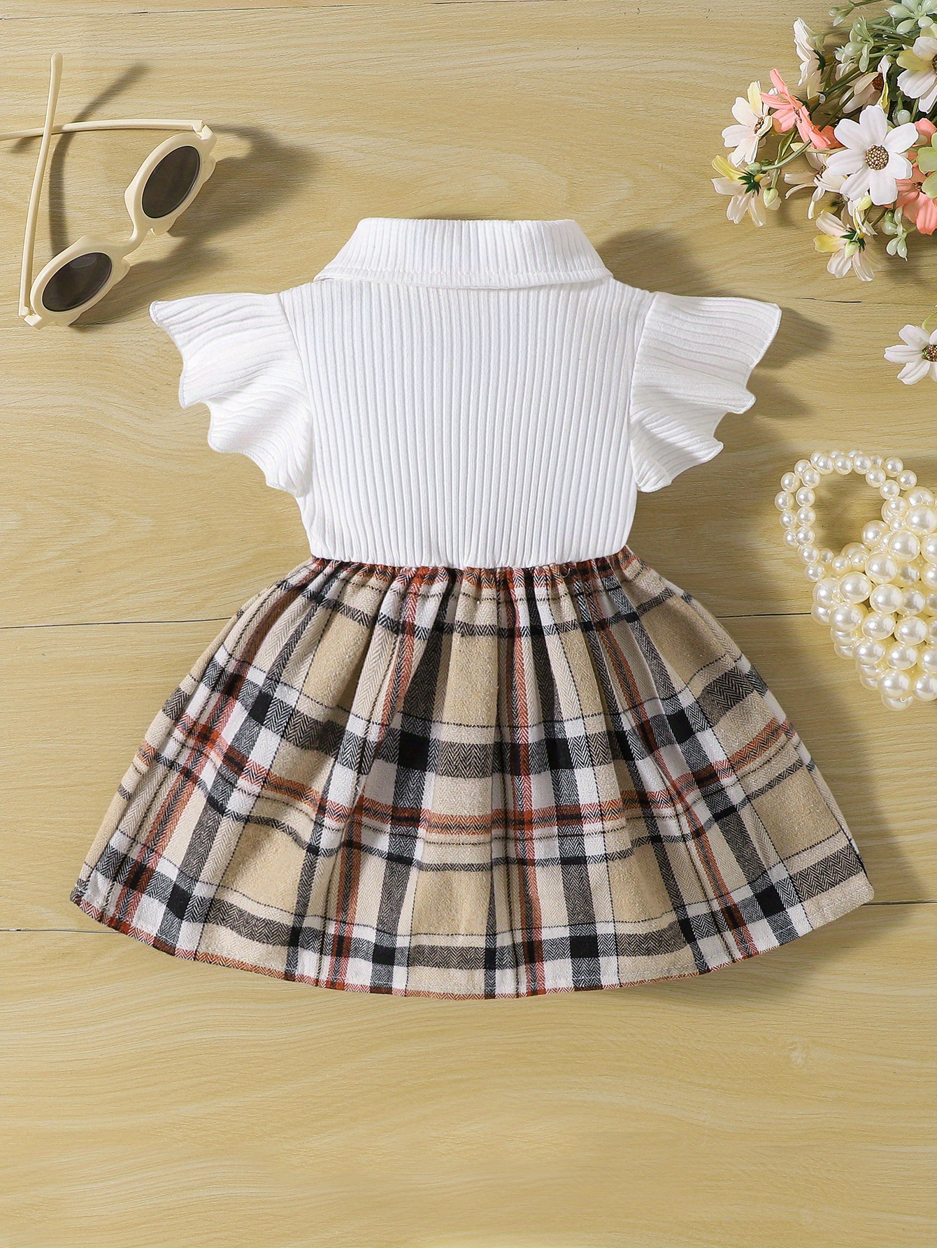 girls casual plaid bowknot flutter sleeve lapel collar dress trendy stitching dress toddlers children cotton summer clothes details 6