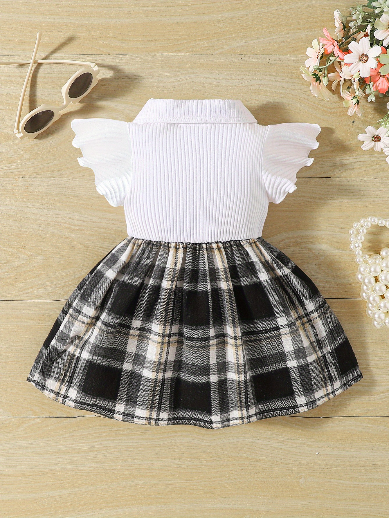 girls casual plaid bowknot flutter sleeve lapel collar dress trendy stitching dress toddlers children cotton summer clothes details 7