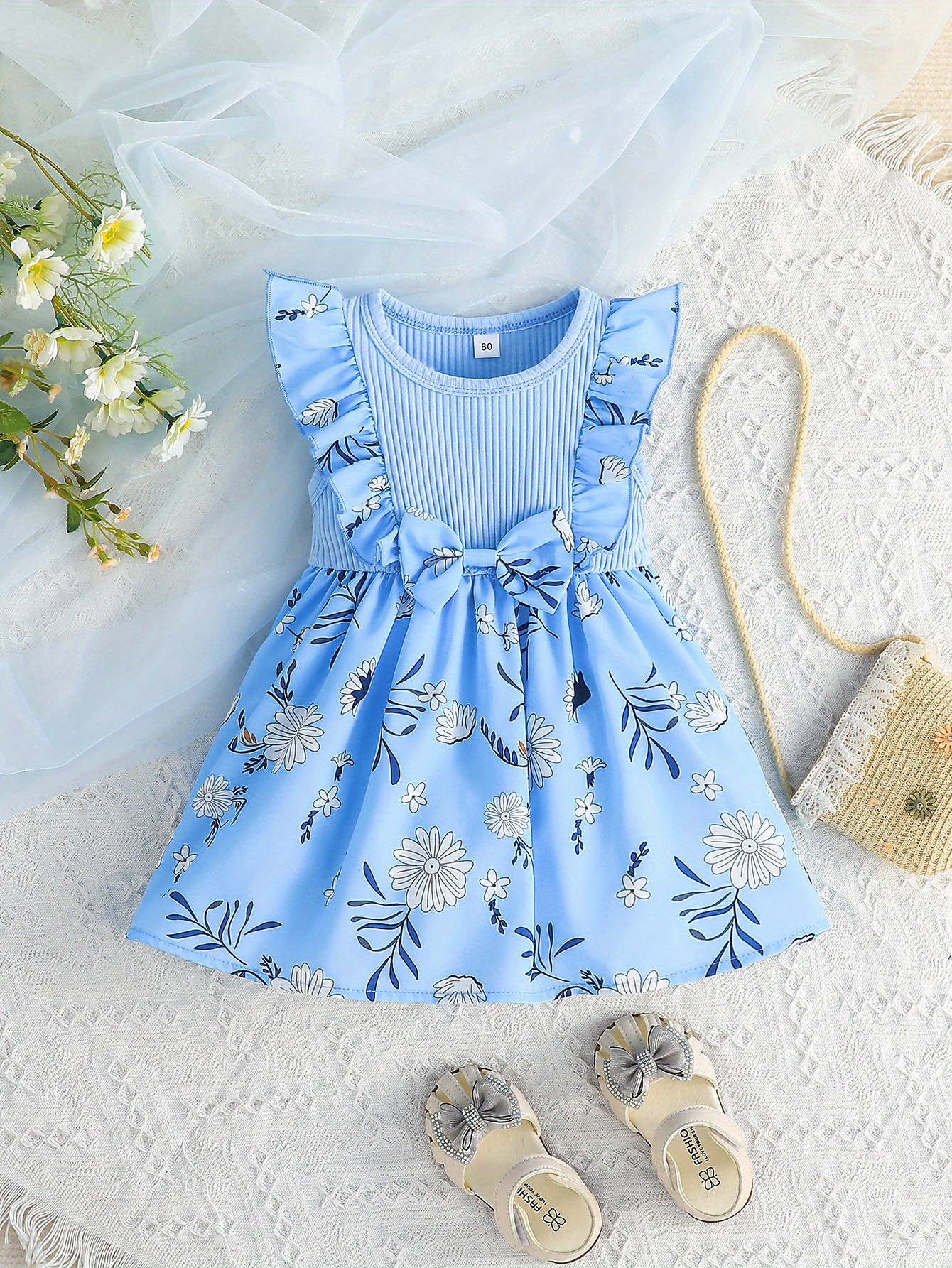 baby girls casual floral graphic print sleeveless bowknot decor dress clothes details 0