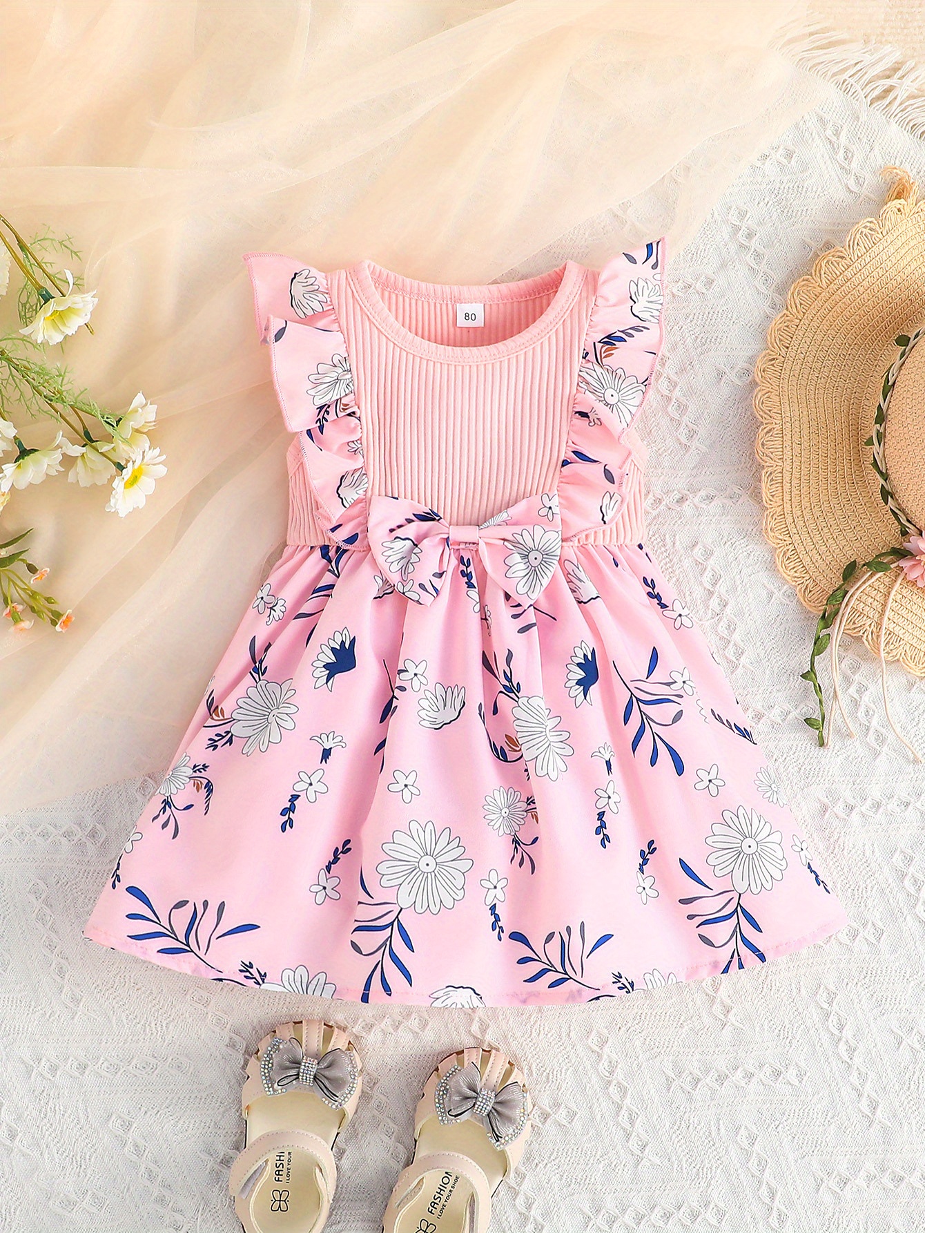 baby girls casual floral graphic print sleeveless bowknot decor dress clothes details 1