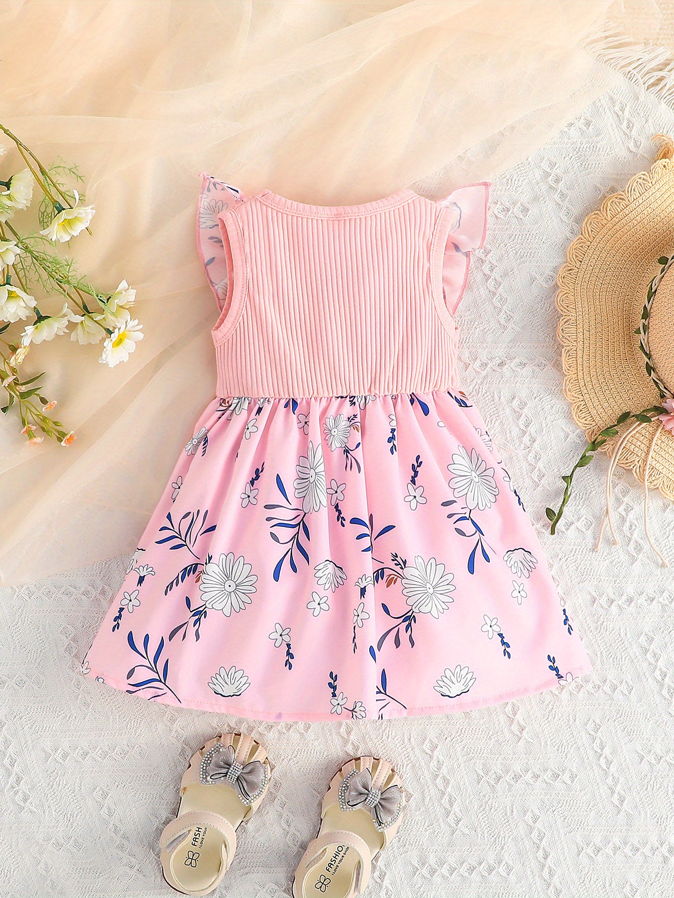 baby girls casual floral graphic print sleeveless bowknot decor dress clothes details 2