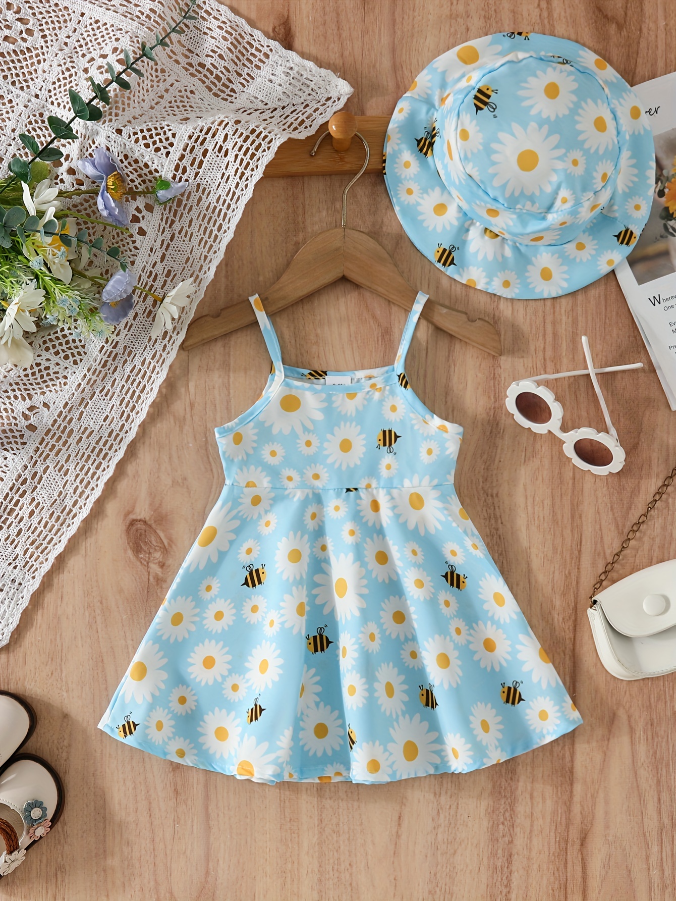 2pcs baby girls summer casual style daisy print suspender dress hat set details 0