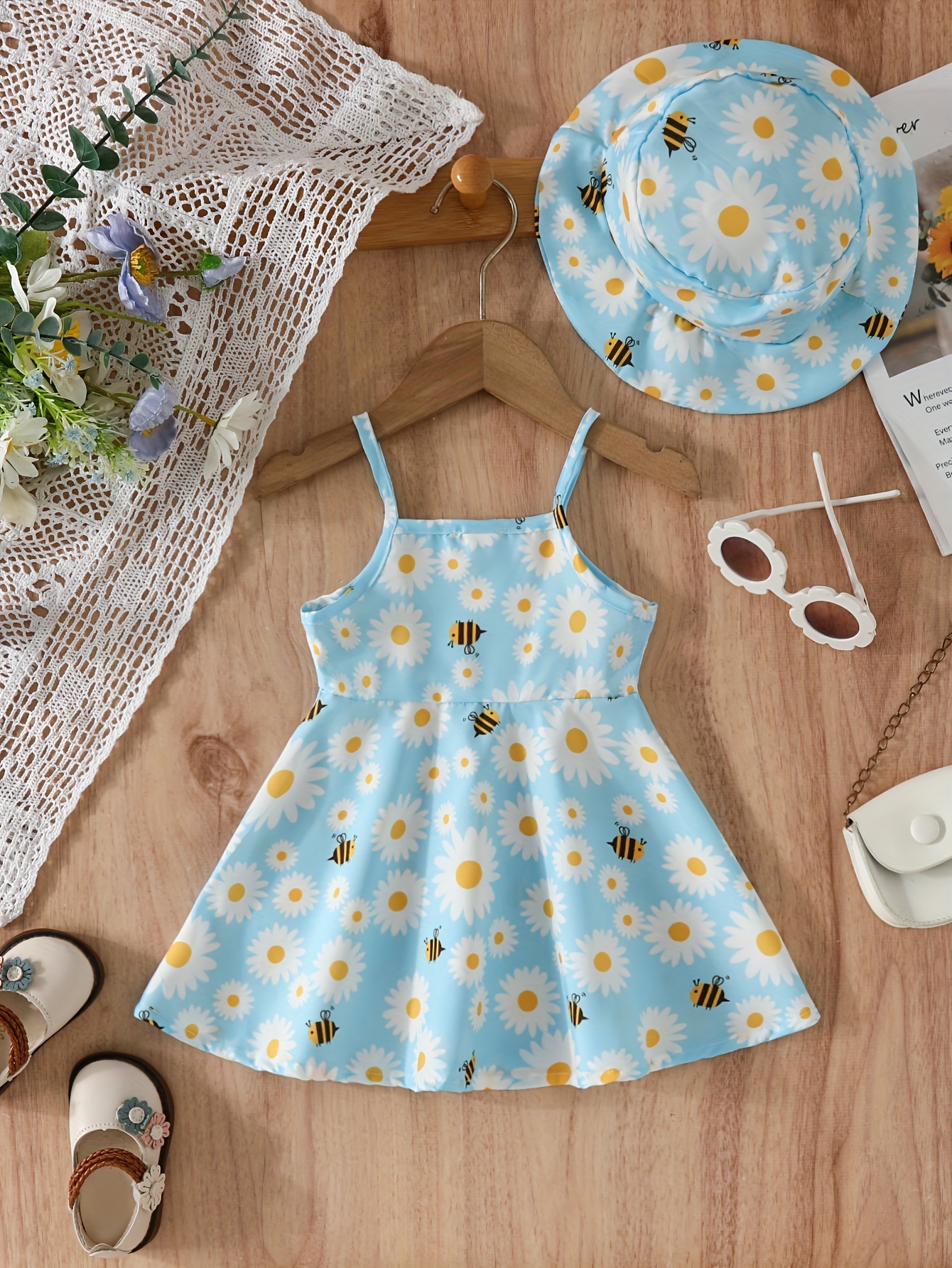 2pcs baby girls summer casual style daisy print suspender dress hat set details 4