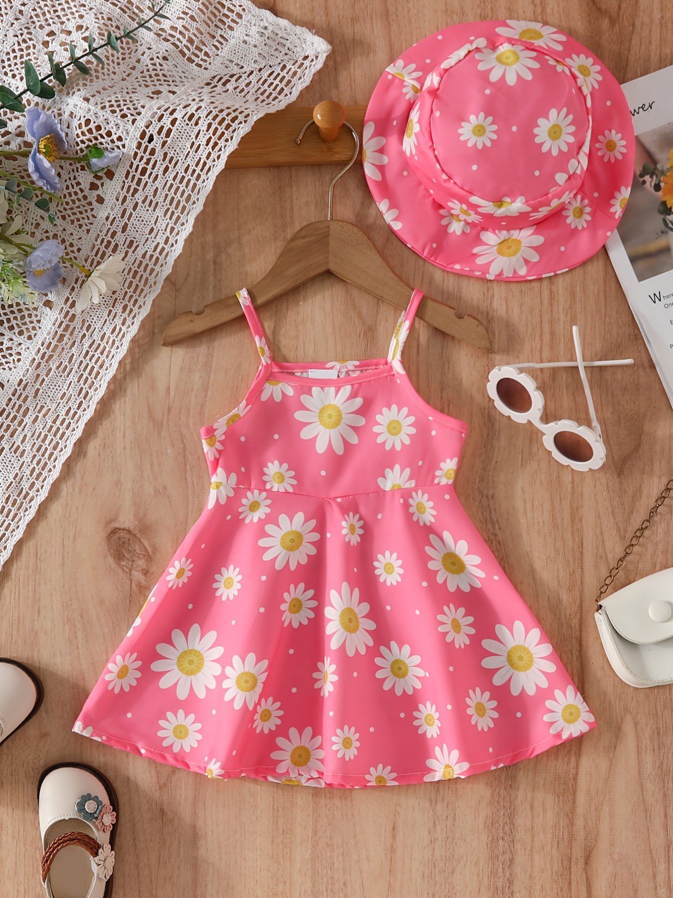 2pcs baby girls summer casual style daisy print suspender dress hat set details 7