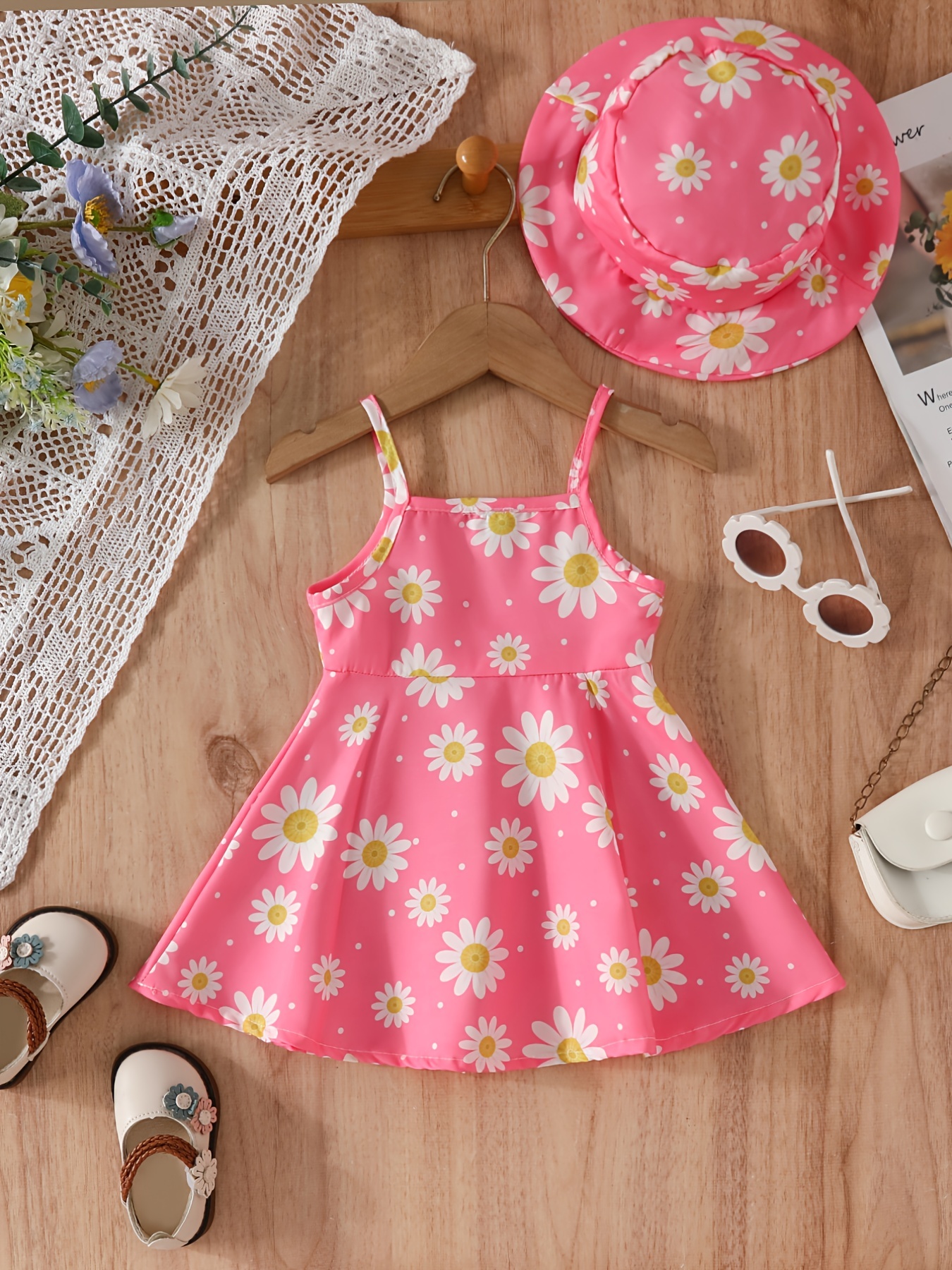 2pcs baby girls summer casual style daisy print suspender dress hat set details 10