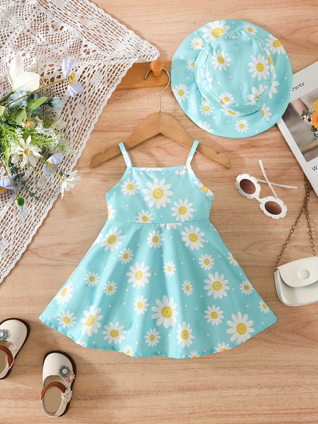 2pcs baby girls summer casual style daisy print suspender dress hat set details 13